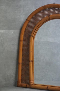 Mid-Century Italian Arch Wall Mirror in Bamboo and Woven Wicker, 1970s