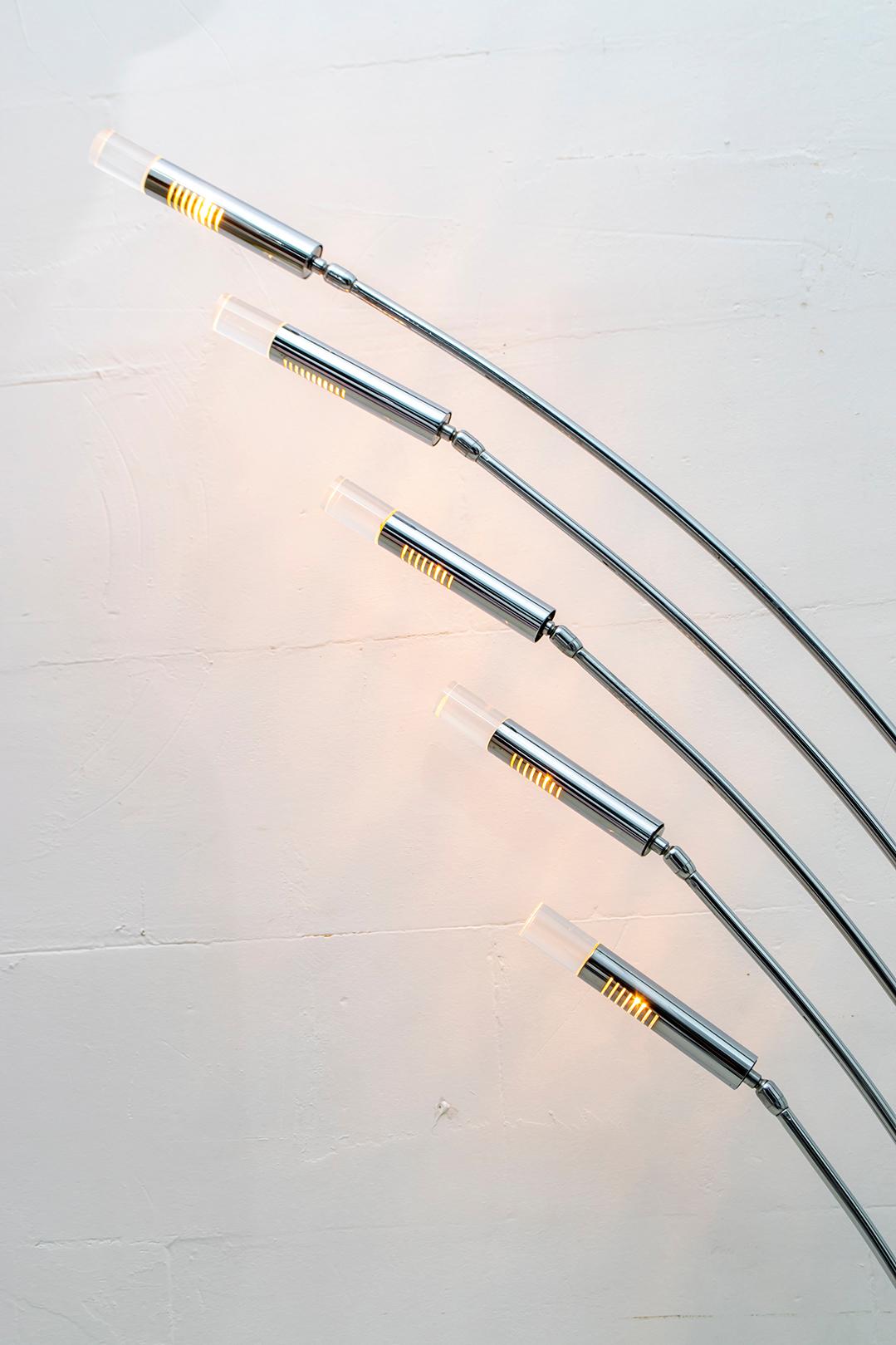 Mid-20th Century Midcentury Italian Arched Floor Lamp 5 Lights Chrome Metal and Lucite, 1960s For Sale