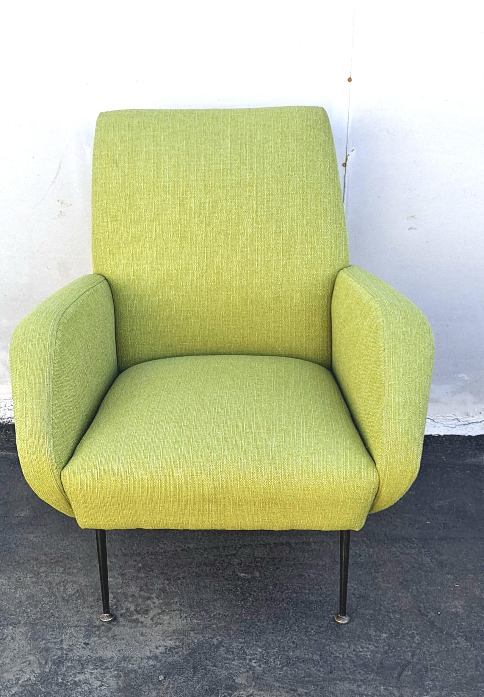 Midcentury Italian chair new reupholstered and refinished. Upholstered in linen and cotton upholstery material.