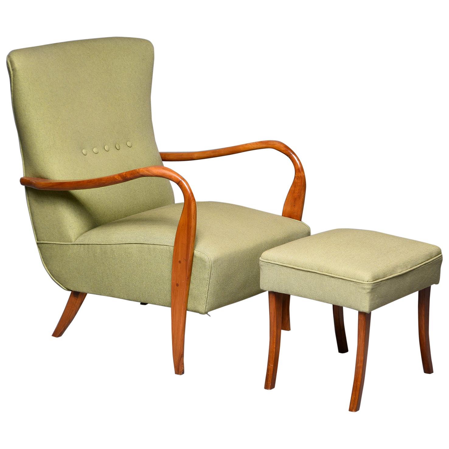 Midcentury Italian Armchair and Stool with New Upholstery