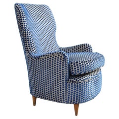 Mid-Century Italian Armchair Gio Ponti Style Velvet Blue Gold High Back 1950s