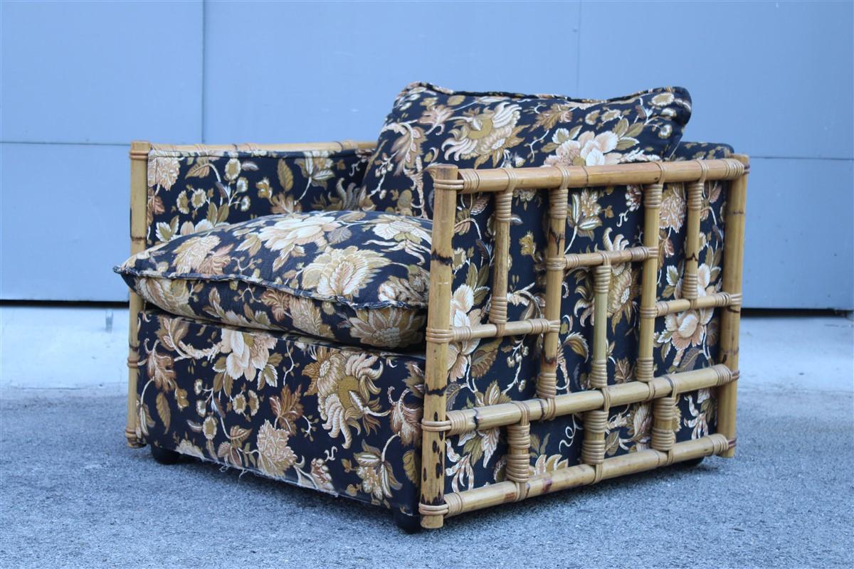 Mid-century Italian armchair in cane and Bamboo Fabric with Vivai Del Sud Flower.