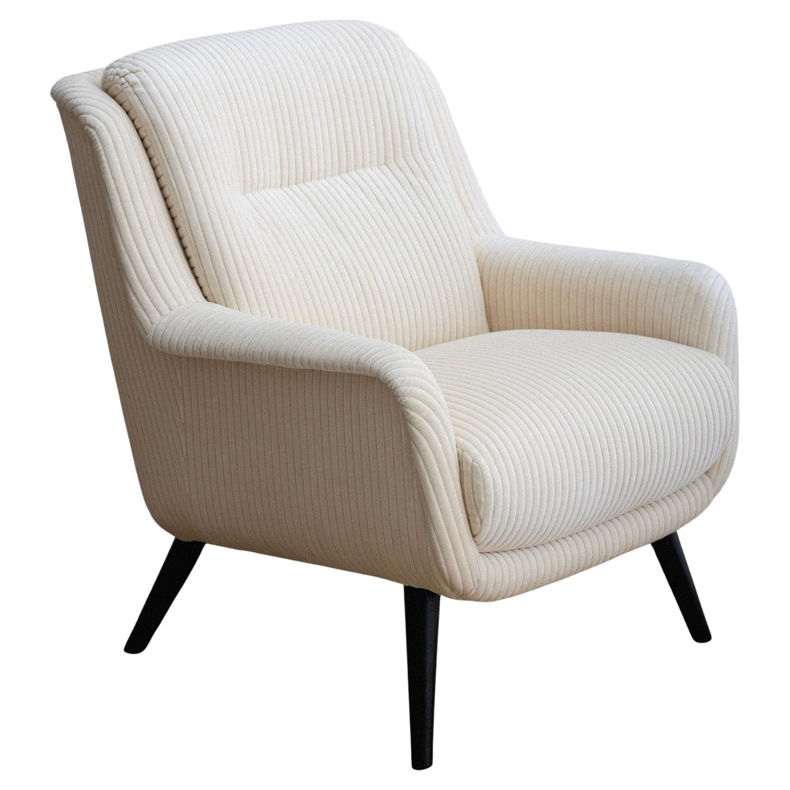 Mid Century Italian Armchair in Cream Corduroy Velvet For Sale