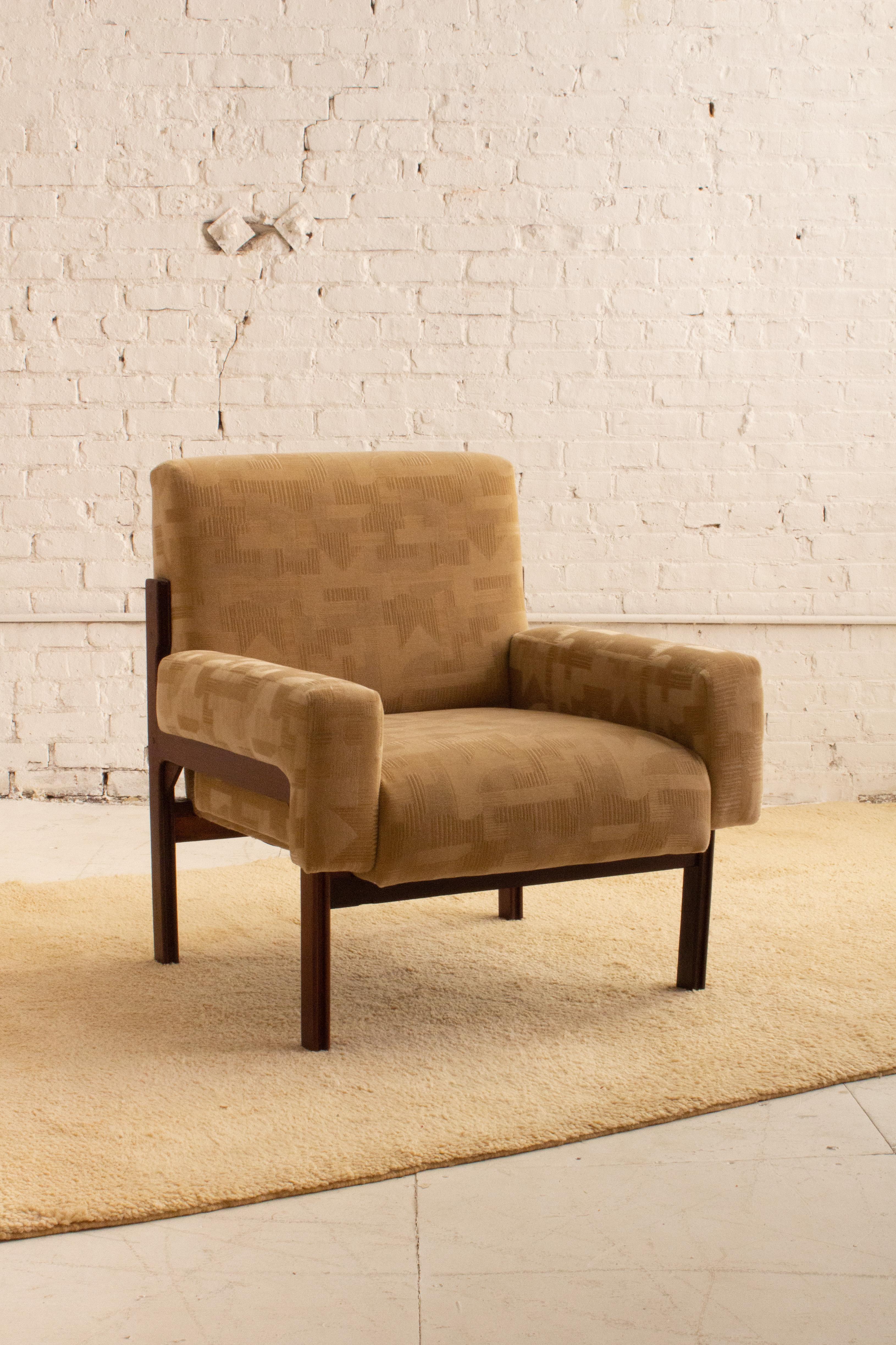 A mid century Italian armchair. Wood frame with new upholstery in a geometric cut velvet mohair. Sourced in Northern Italy. Two available, sold separately.