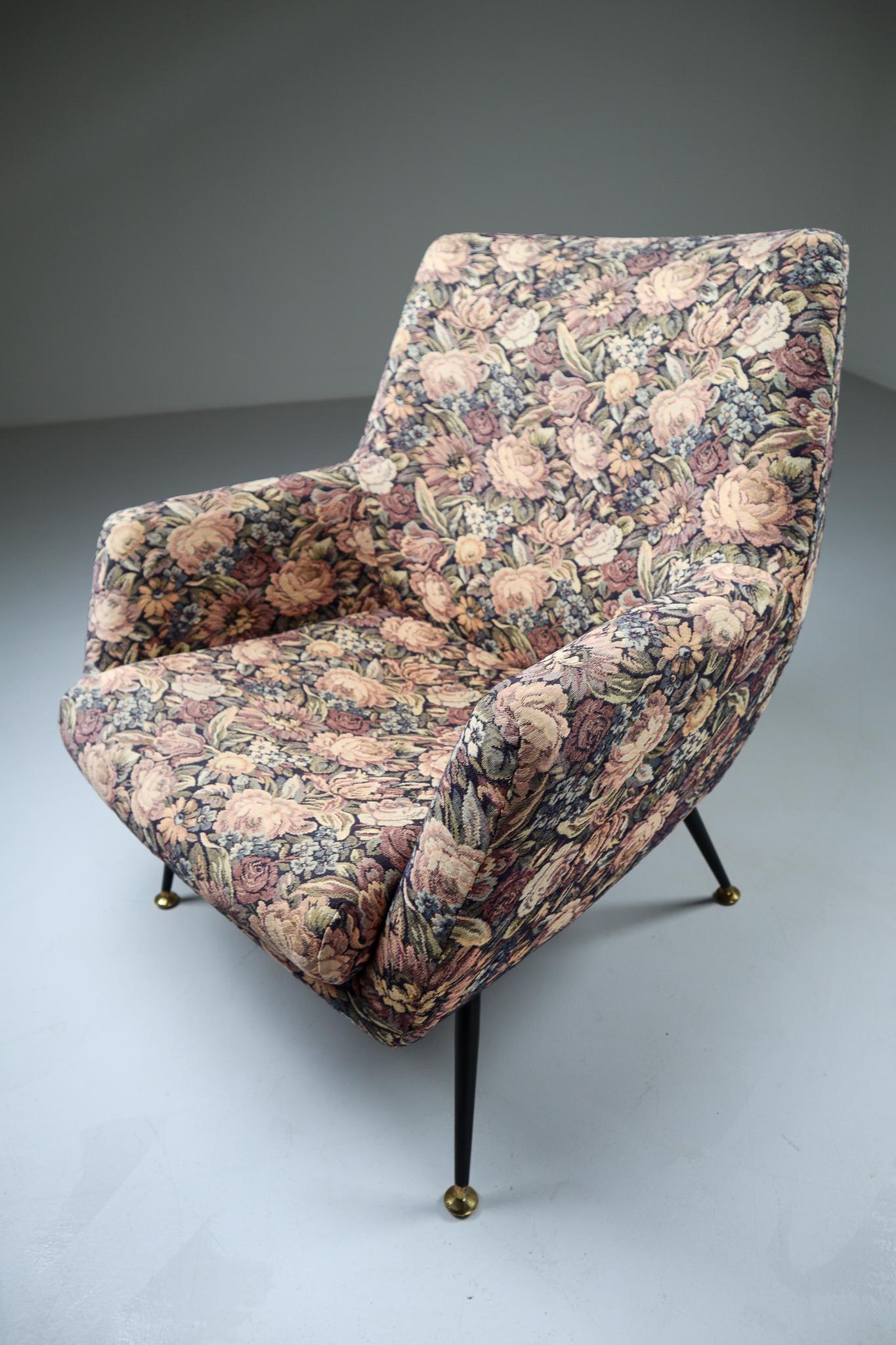 Midcentury Italian Armchair in Original Wool Flower Fabric, 1950s 5