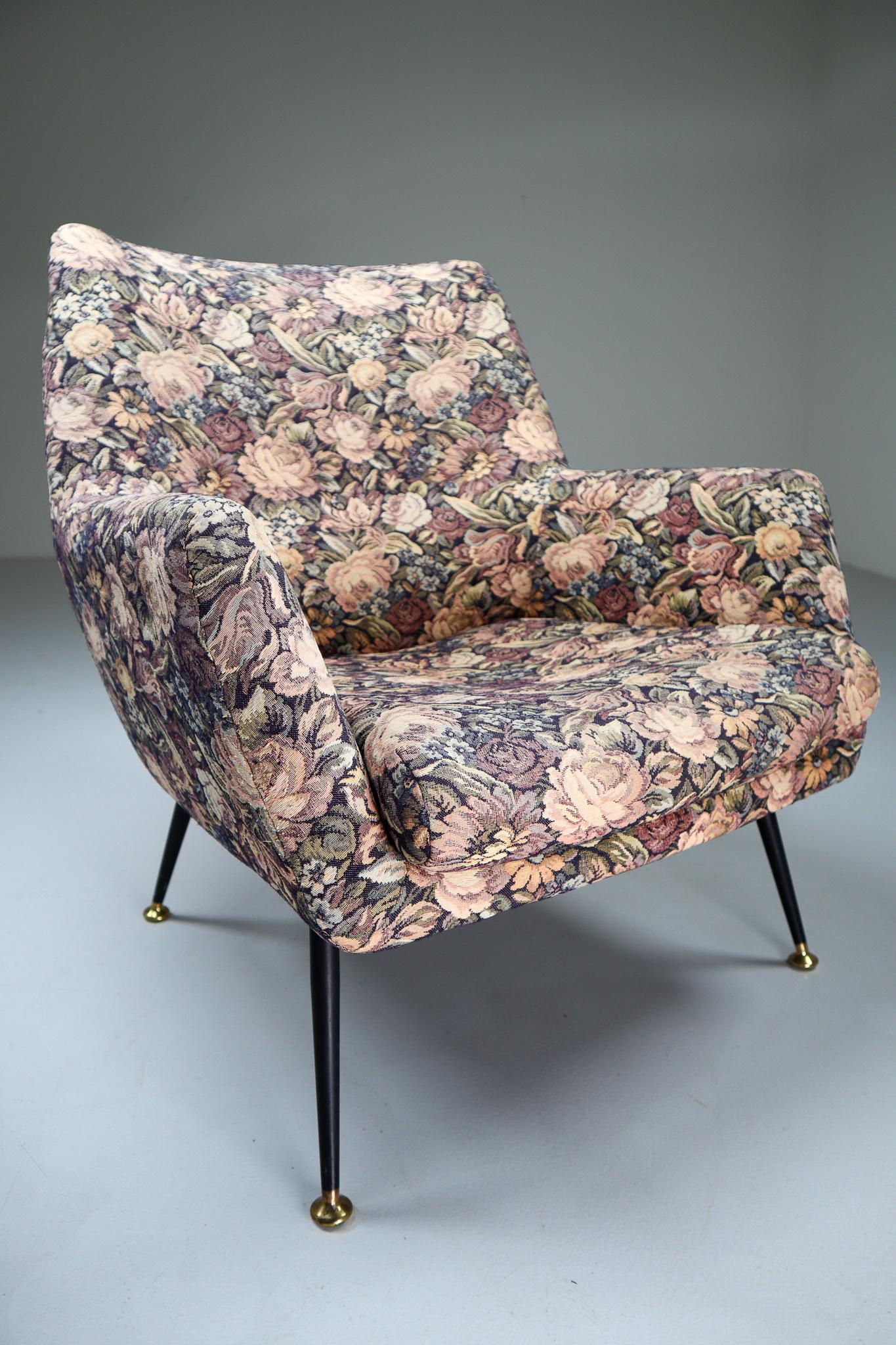 20th Century Midcentury Italian Armchair in Original Wool Flower Fabric, 1950s