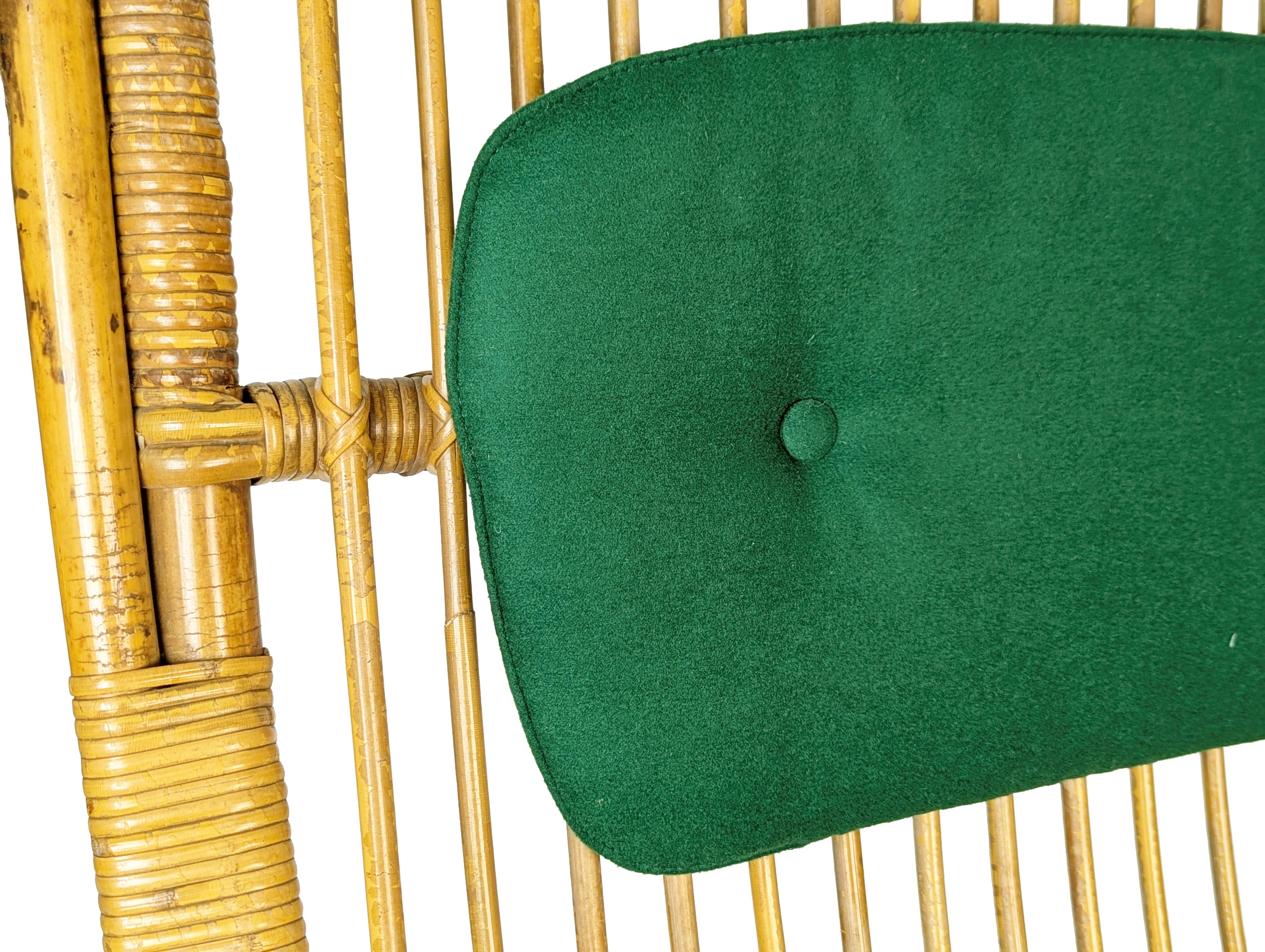 Mid-Century Italian Armchairs in Rattan, Rush & green fabric, 1960s For Sale 4