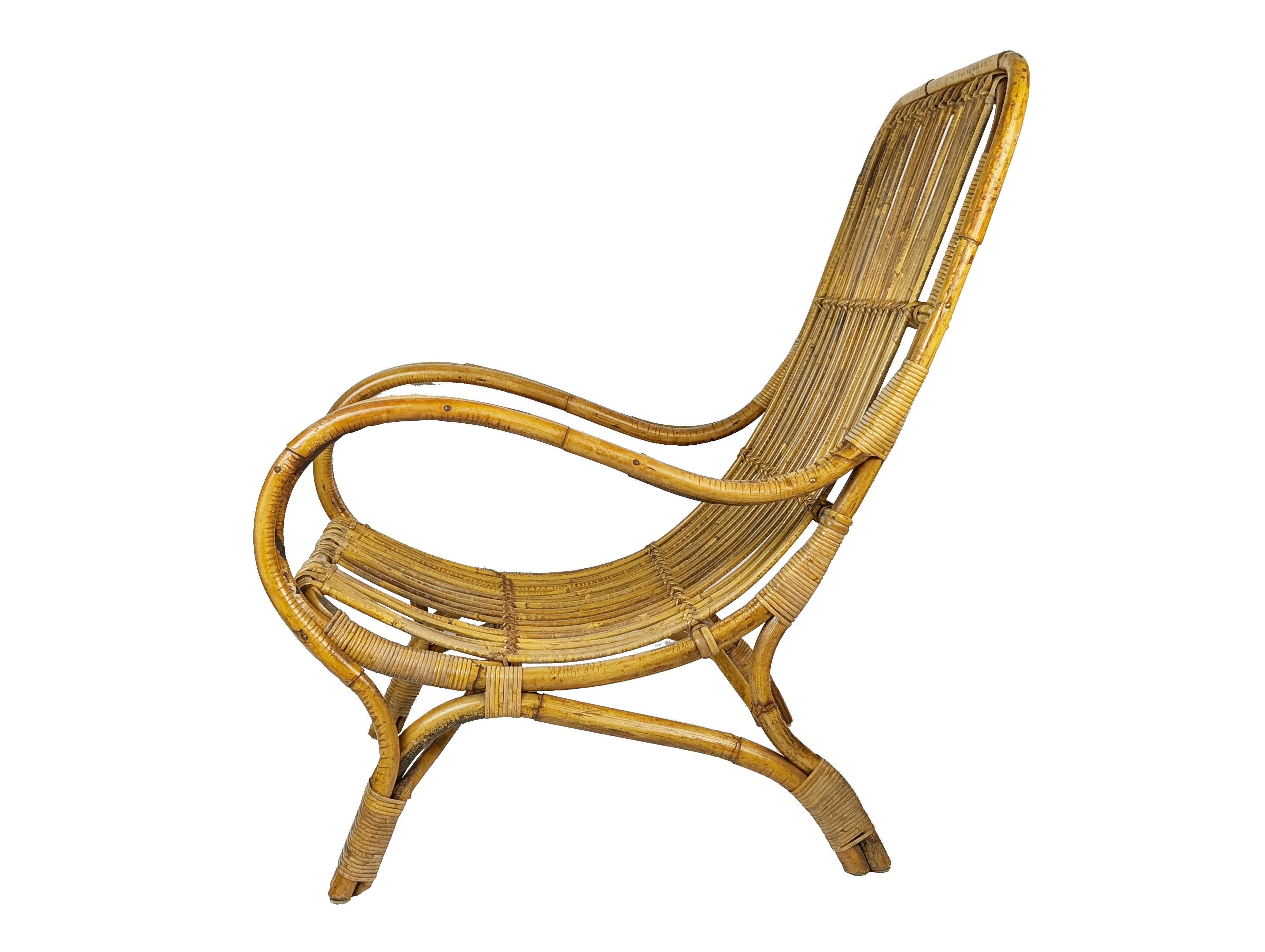 Mid-Century Modern Mid-Century Italian Armchairs in Rattan, Rush & green fabric, 1960s For Sale
