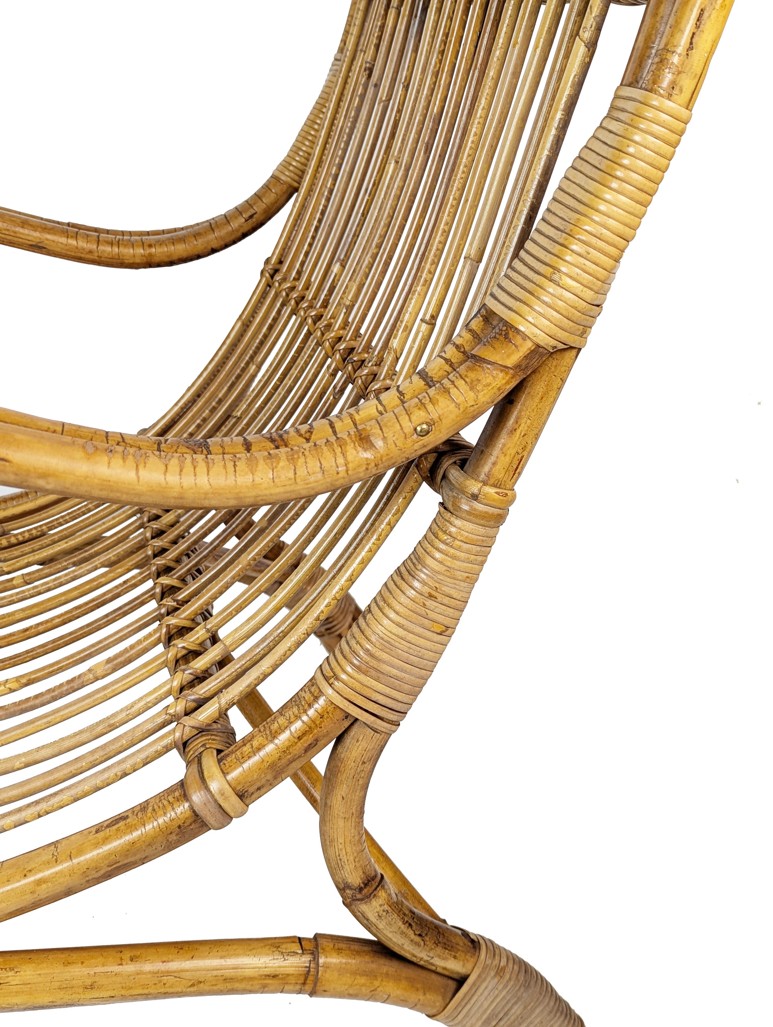 Mid-Century Italian Armchairs in Rattan, Rush & green fabric, 1960s In Good Condition For Sale In Varese, Lombardia
