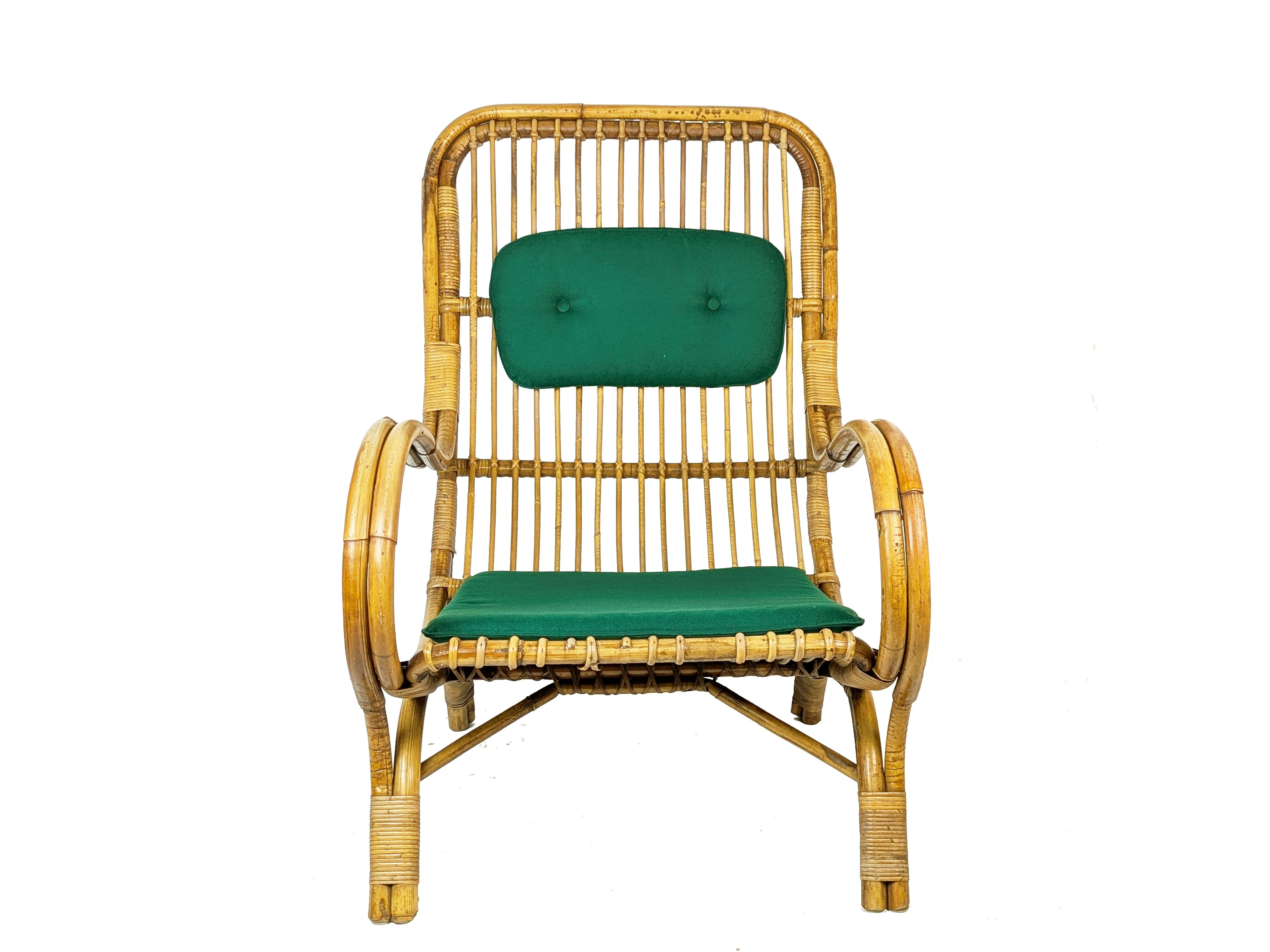 Mid-20th Century Mid-Century Italian Armchairs in Rattan, Rush & green fabric, 1960s For Sale
