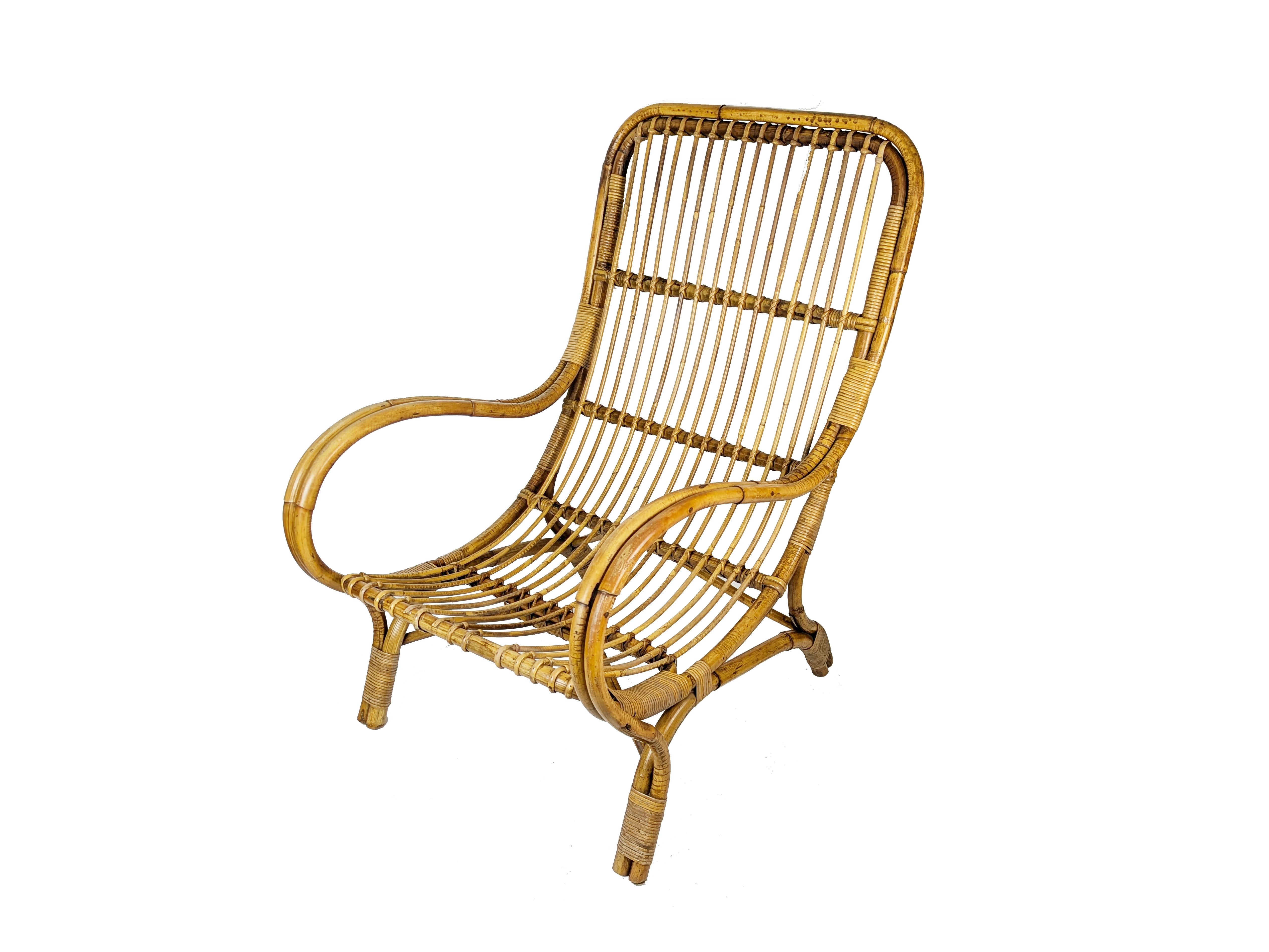 Fabric Mid-Century Italian Armchairs in Rattan, Rush & green fabric, 1960s For Sale