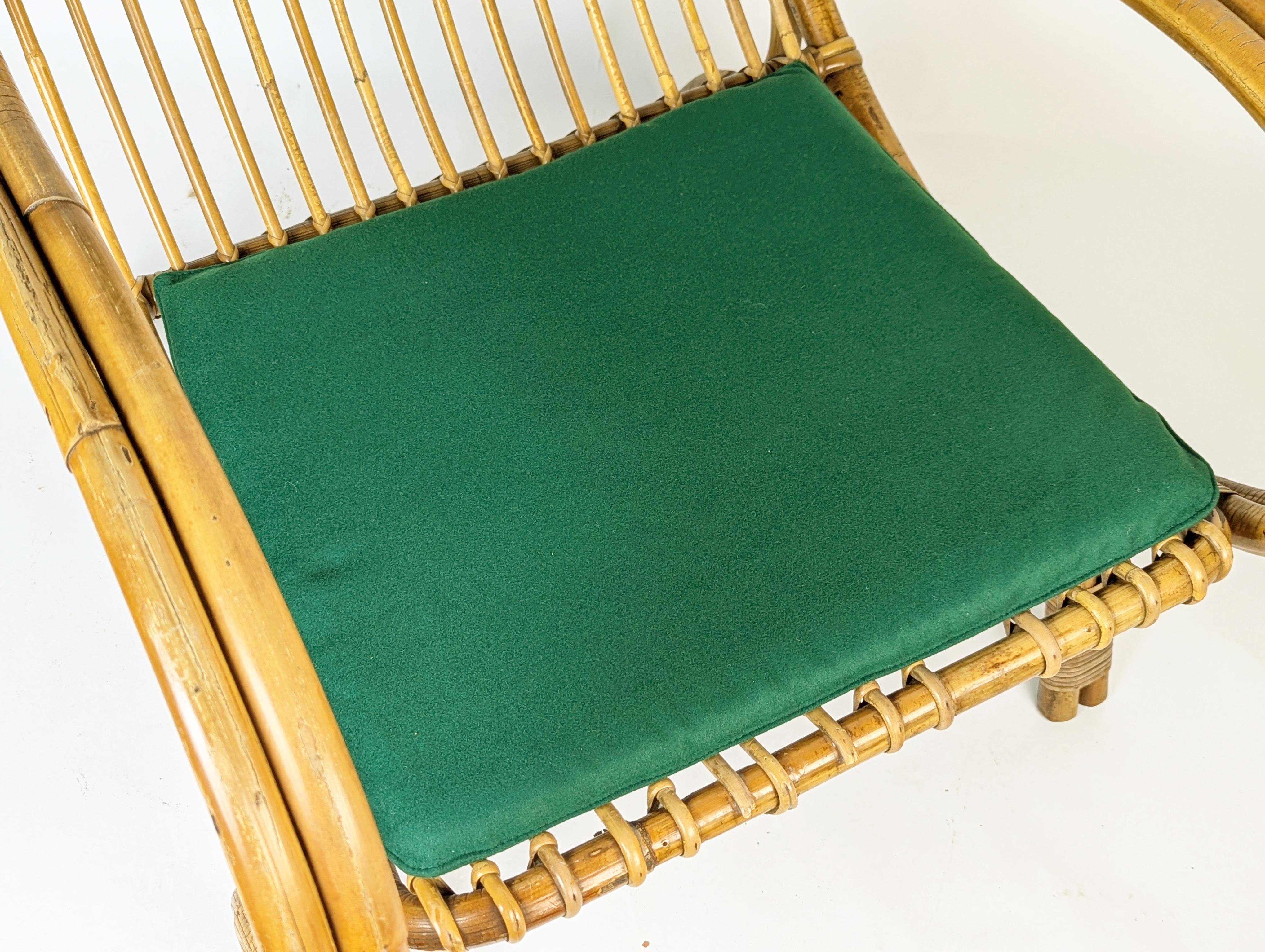 Mid-Century Italian Armchairs in Rattan, Rush & green fabric, 1960s For Sale 2
