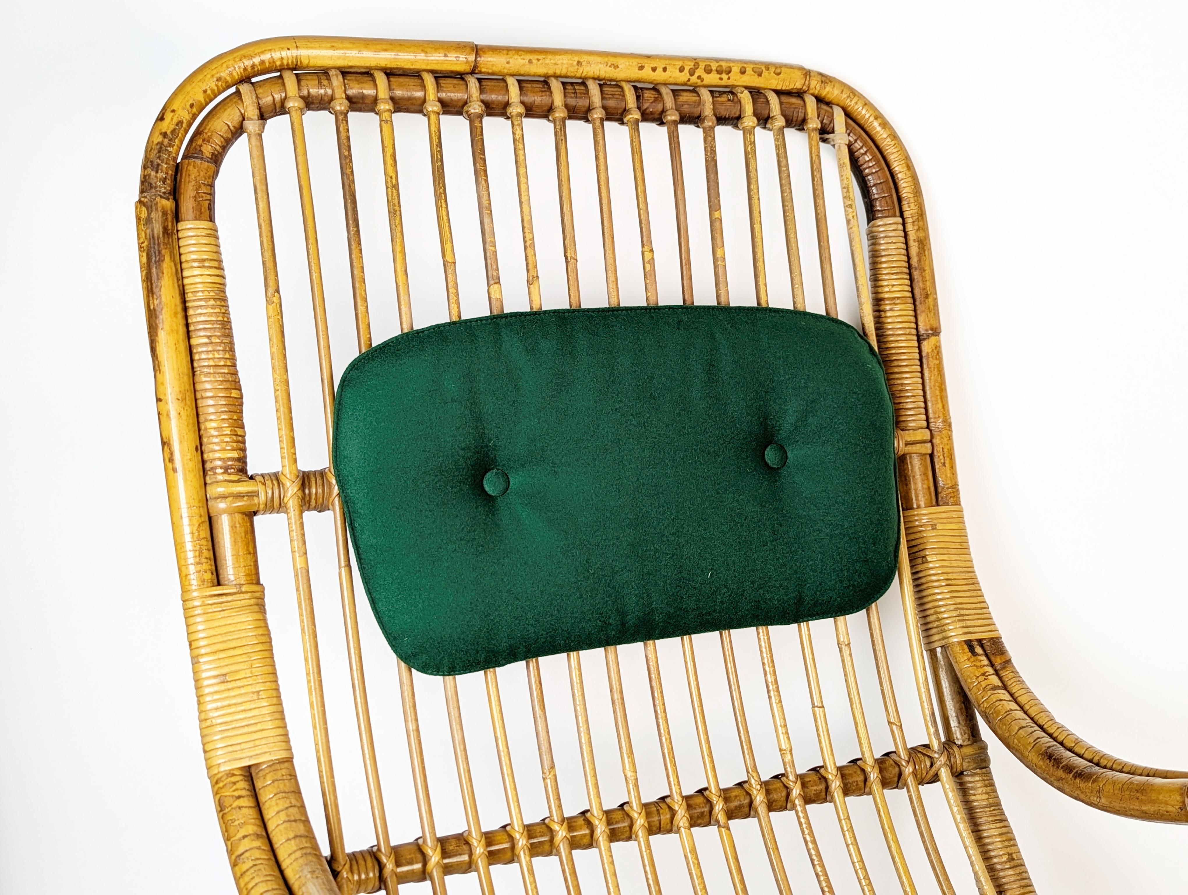 Mid-Century Italian Armchairs in Rattan, Rush & green fabric, 1960s For Sale 3