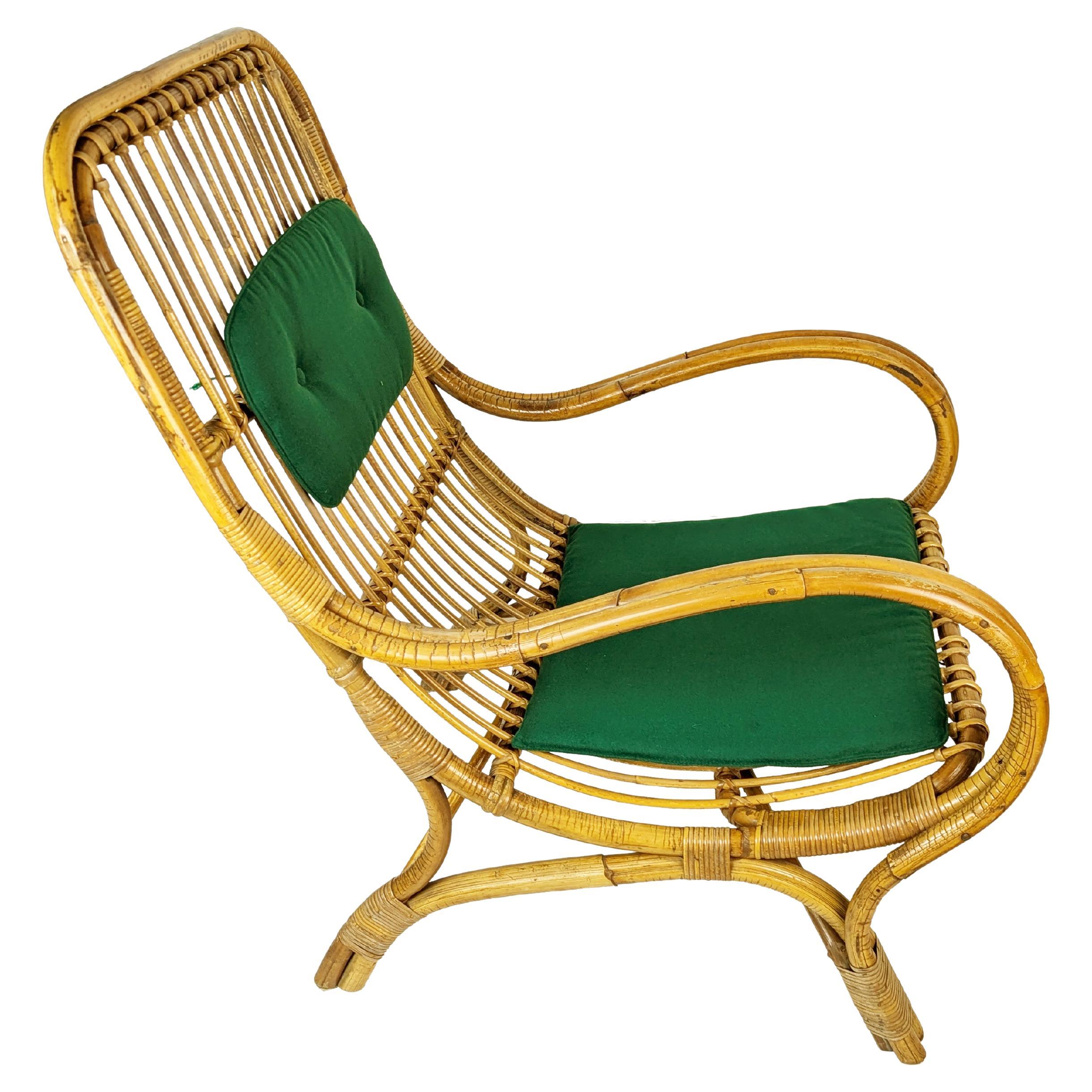 Mid-Century Italian Armchairs in Rattan, Rush & green fabric, 1960s For Sale