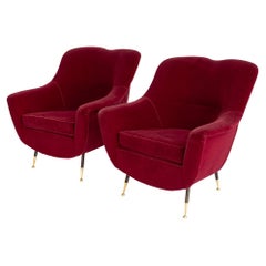 Mid Century Italian Armchairs in Red Mohair, a Pair