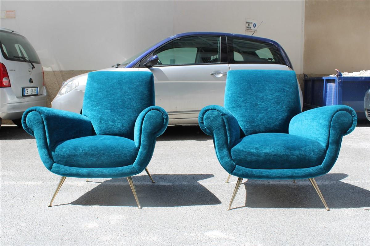 Midcentury Italian armchairs Minotti Gigi root Ocean Blue Velvet brass feet
totally restored.