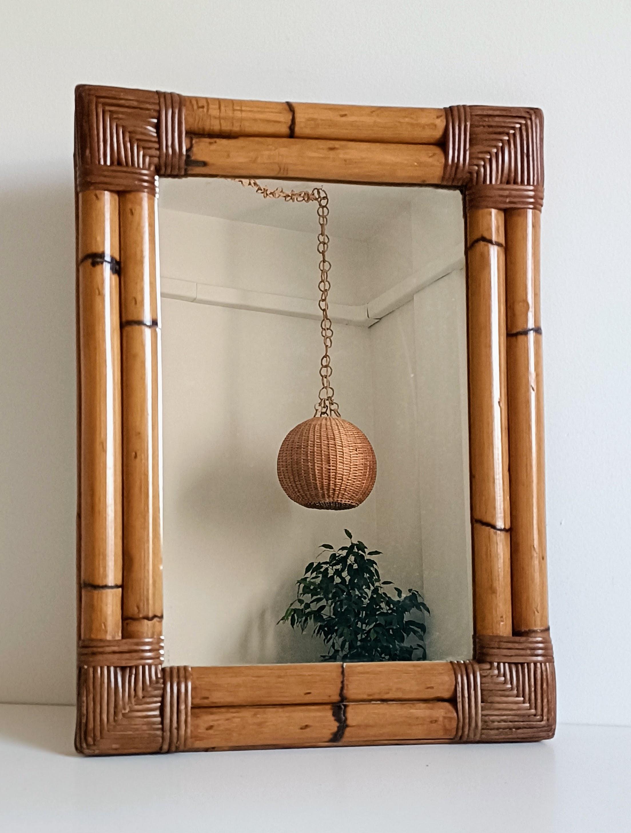 Mid-Century Italian Bamboo and Rattan Mirror, Chinoiserie Style, 1960s–1970s For Sale 7