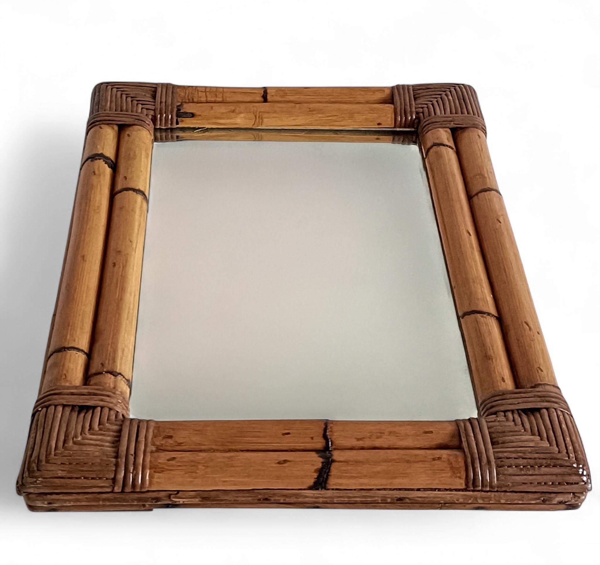 Mid-Century Modern Mid-Century Italian Bamboo and Rattan Mirror, Chinoiserie Style, 1960s–1970s For Sale