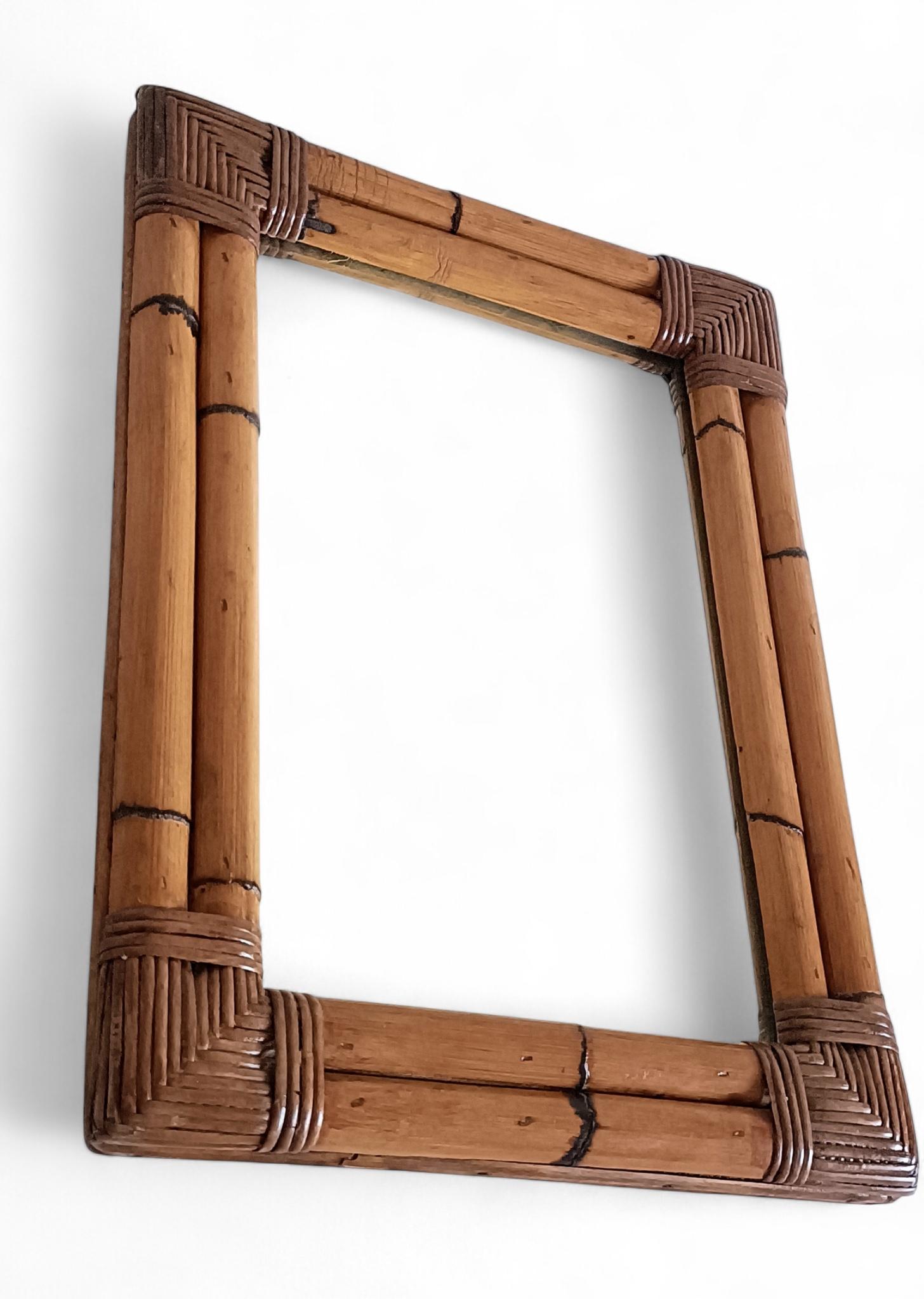Hand-Crafted Mid-Century Italian Bamboo and Rattan Mirror, Chinoiserie Style, 1960s–1970s For Sale