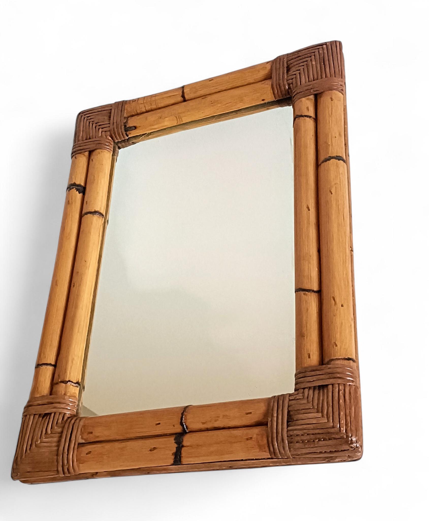 Late 20th Century Mid-Century Italian Bamboo and Rattan Mirror, Chinoiserie Style, 1960s–1970s For Sale
