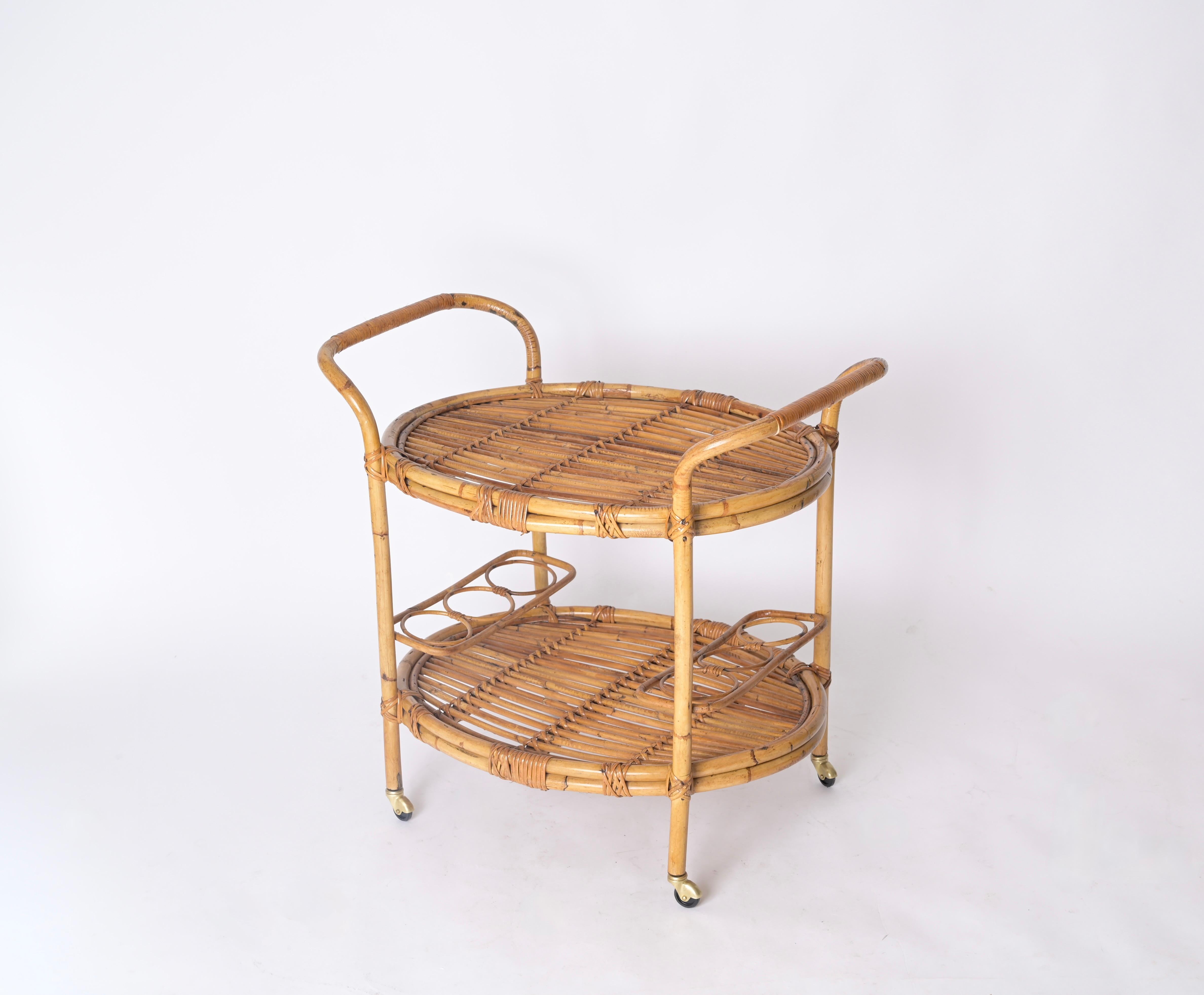 Mid-Century Italian Bamboo and Rattan Oval Serving Bar Cart Trolley, 1960s For Sale 3