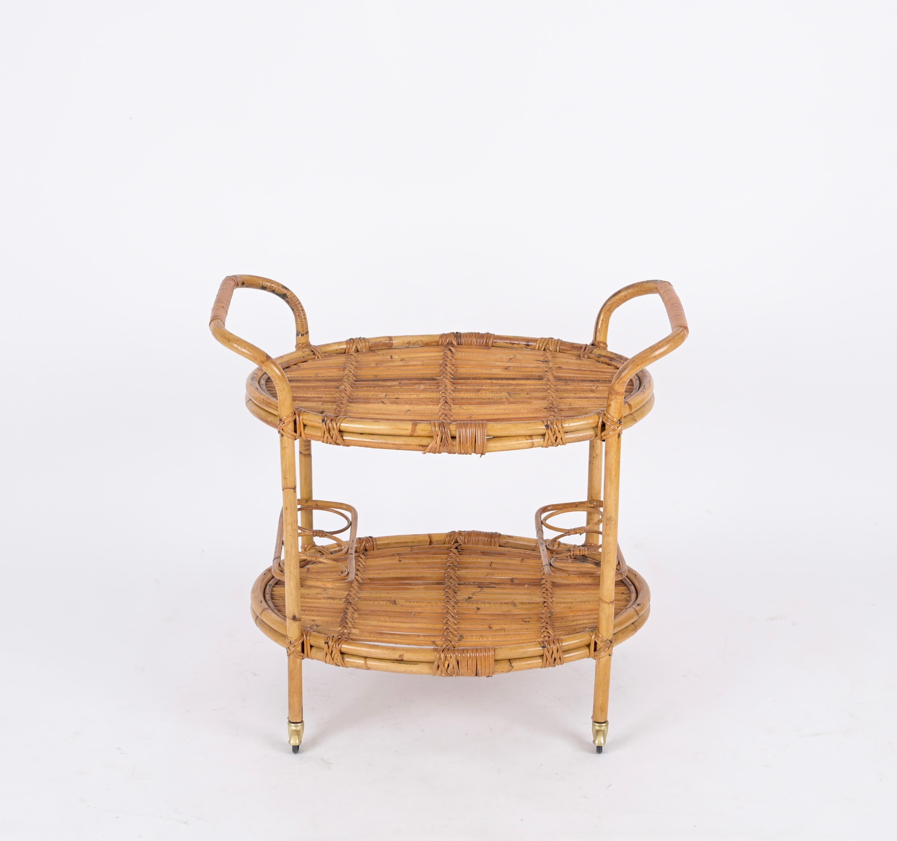 Mid-Century Italian Bamboo and Rattan Oval Serving Bar Cart Trolley, 1960s For Sale 4