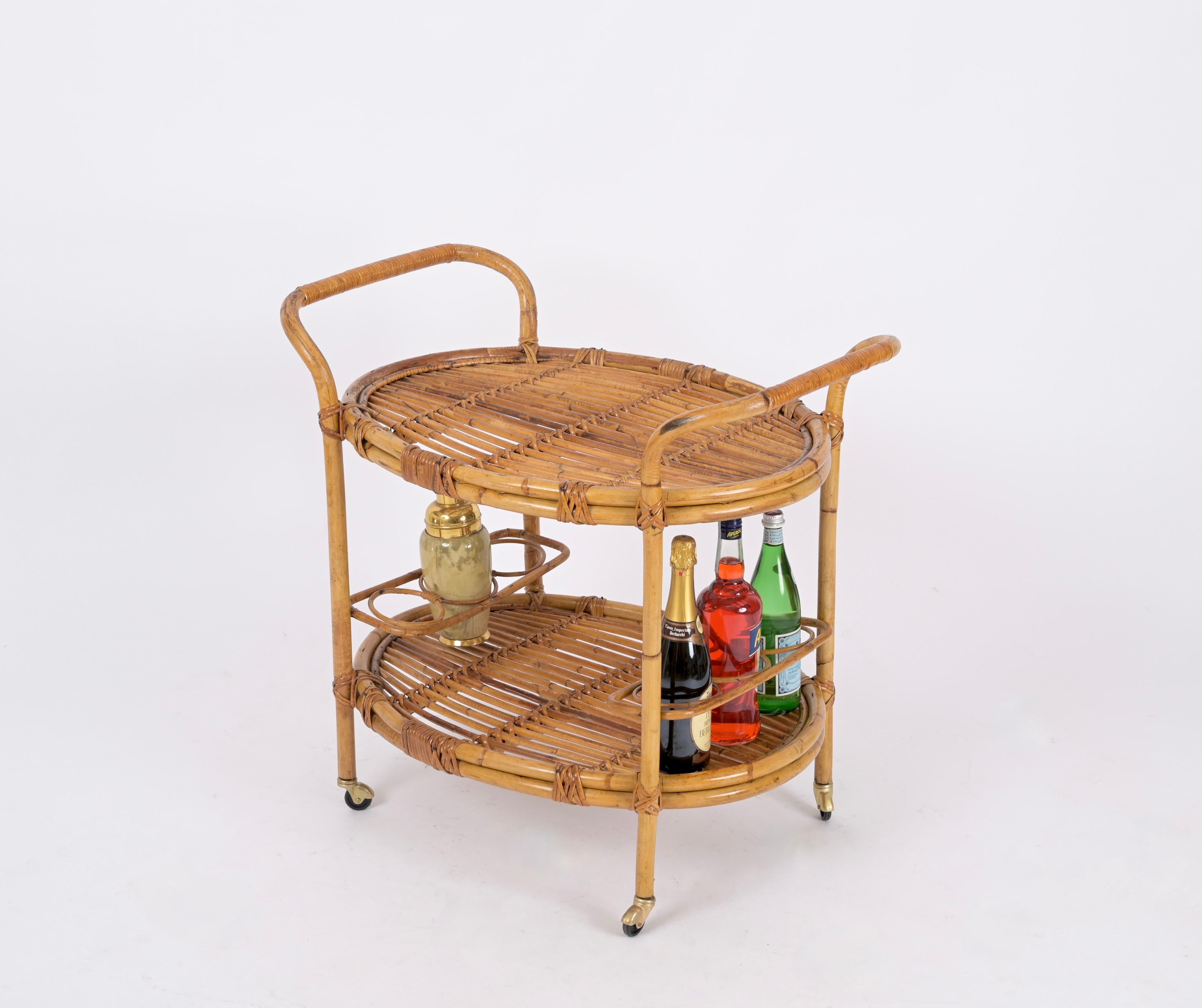 Mid-Century Italian Bamboo and Rattan Oval Serving Bar Cart Trolley, 1960s For Sale 7
