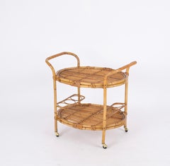 Mid-Century Italian Bamboo and Rattan Oval Serving Bar Cart Trolley, 1960s