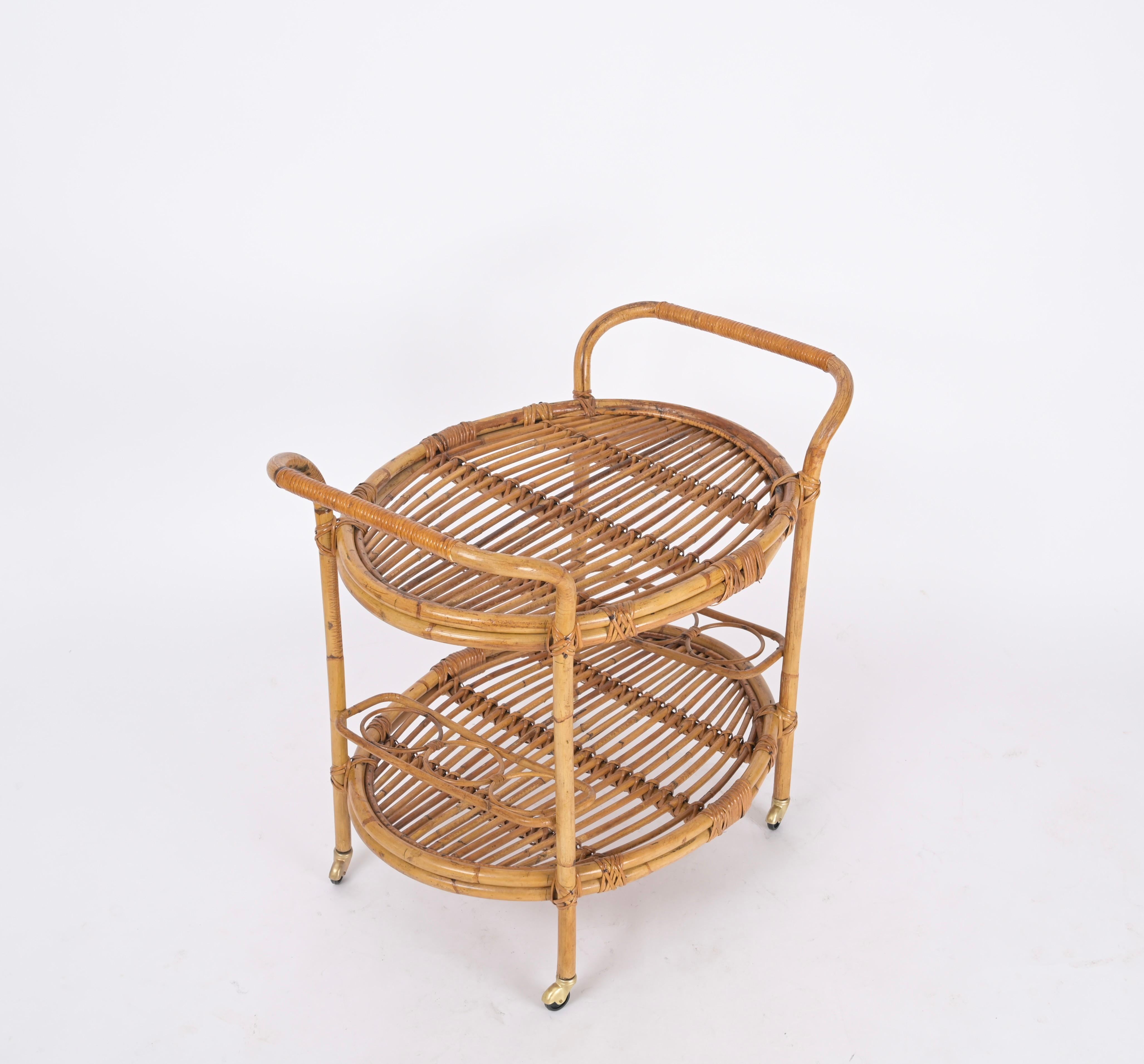 20th Century Mid-Century Italian Bamboo and Rattan Oval Serving Bar Cart Trolley, 1960s For Sale