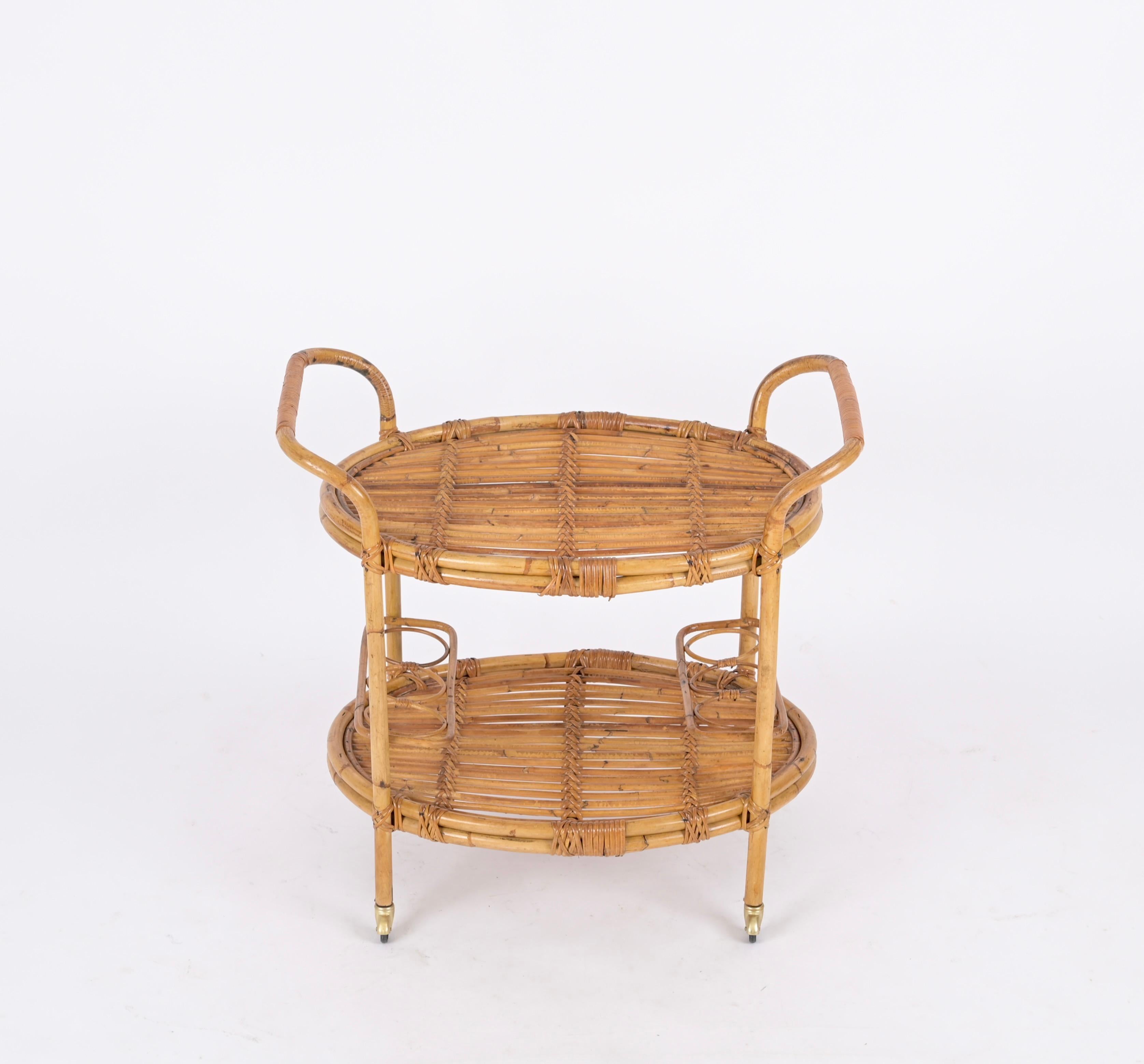 Mid-Century Italian Bamboo and Rattan Oval Serving Bar Cart Trolley, 1960s For Sale 1