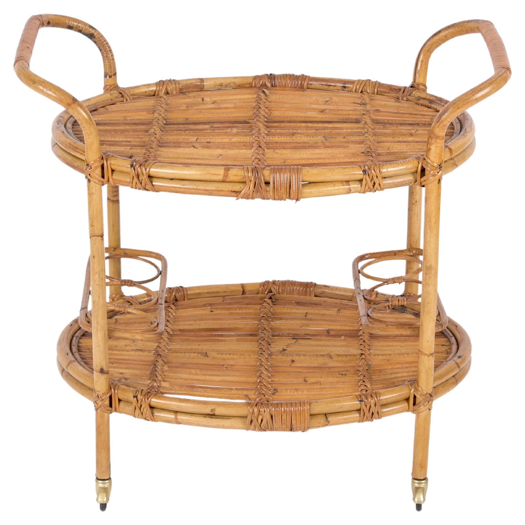 Mid-Century Italian Bamboo and Rattan Oval Serving Bar Cart Trolley, 1960s