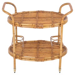 Retro Mid-Century Italian Bamboo and Rattan Oval Serving Bar Cart Trolley, 1960s