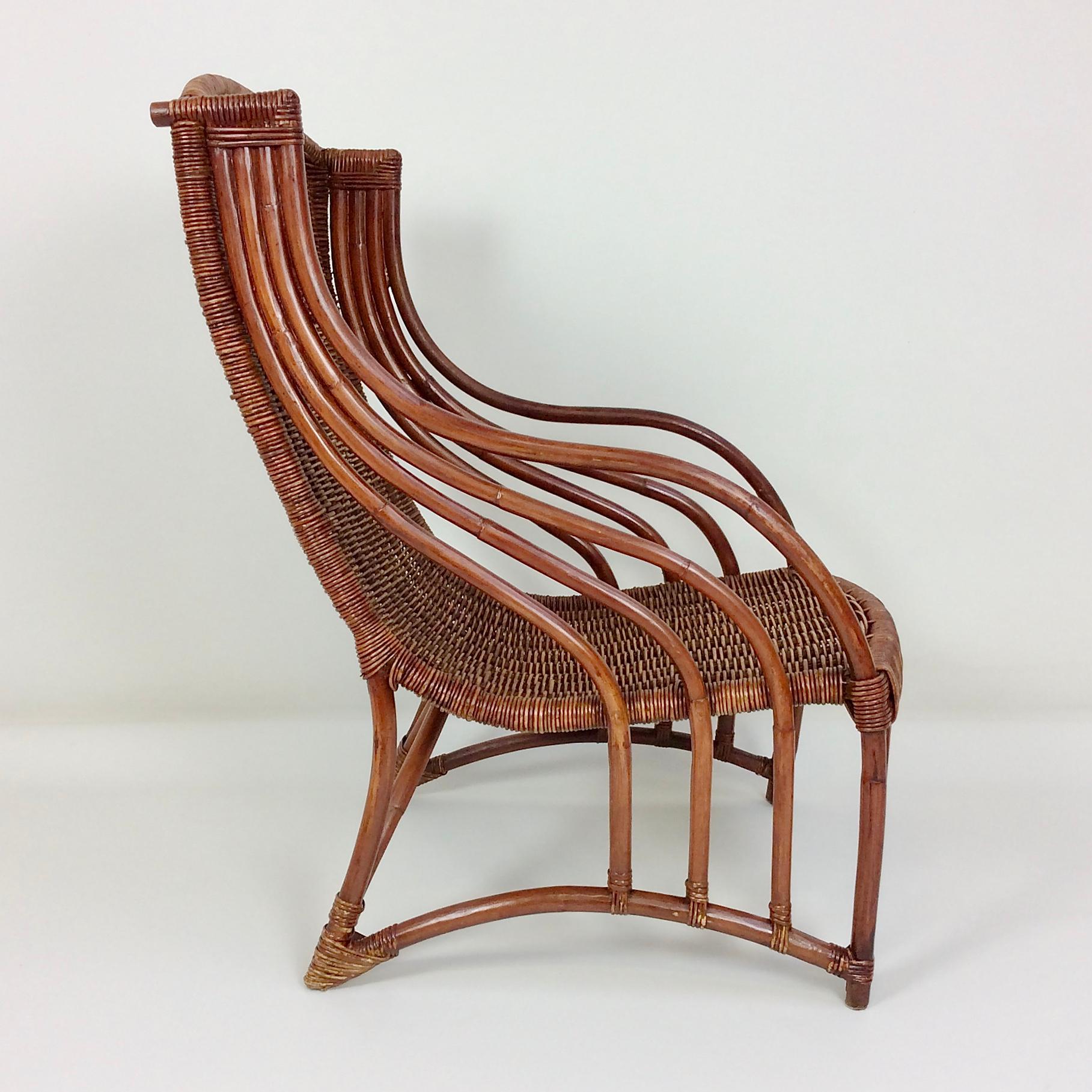 Elegant mid-century armchair, circa 1960, Italy.
Tinted bamboo and cane .
Dimensions: 97 cm H, 58 cm W, 79 cm D, seat height: 38 cm.
All purchases are covered by our Buyer Protection Guarantee.
This item can be returned within 7 days of delivery.
We