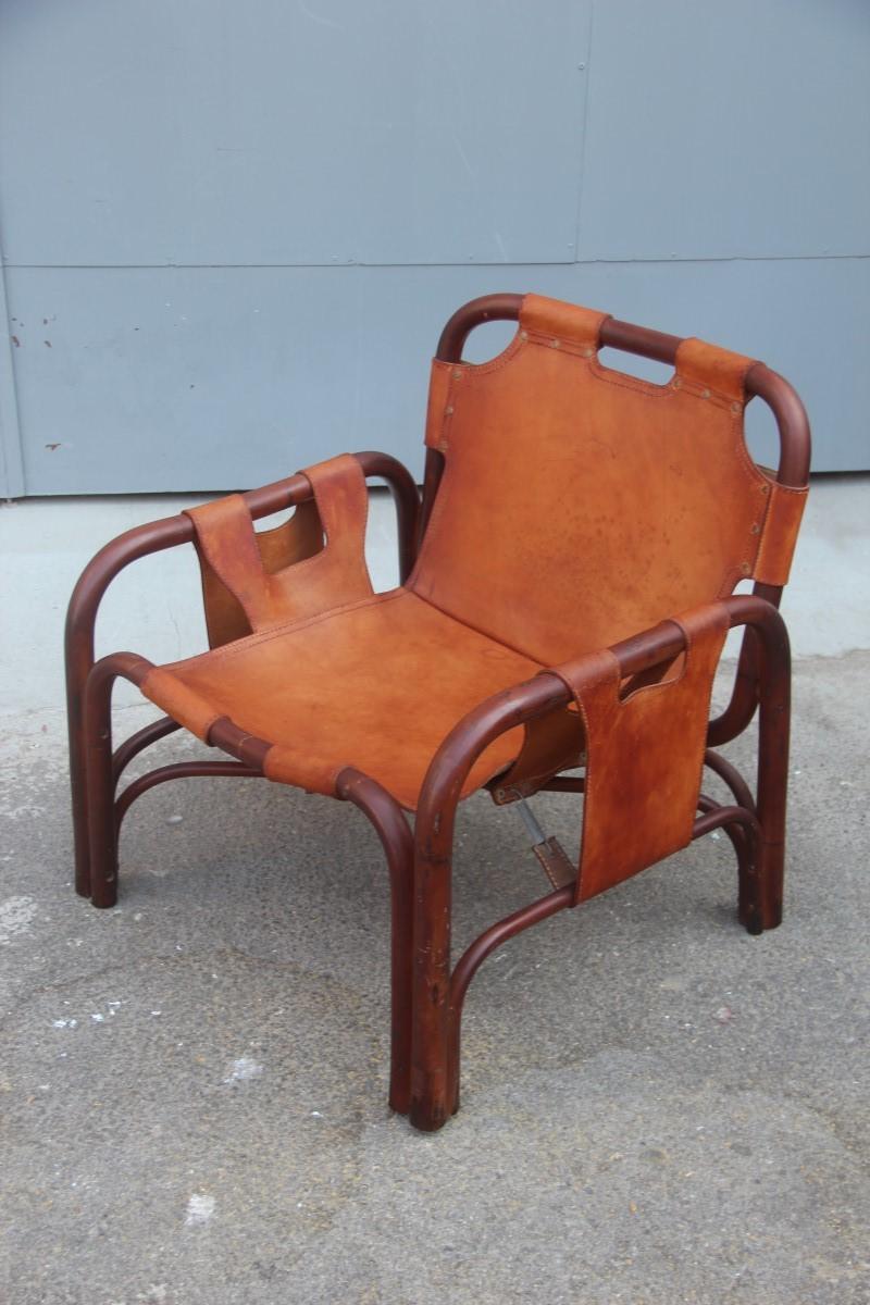 Mid-Century Modern Midcentury Italian Rattan Armchair in Calf Leather Attributed Tito Agnoli  For Sale