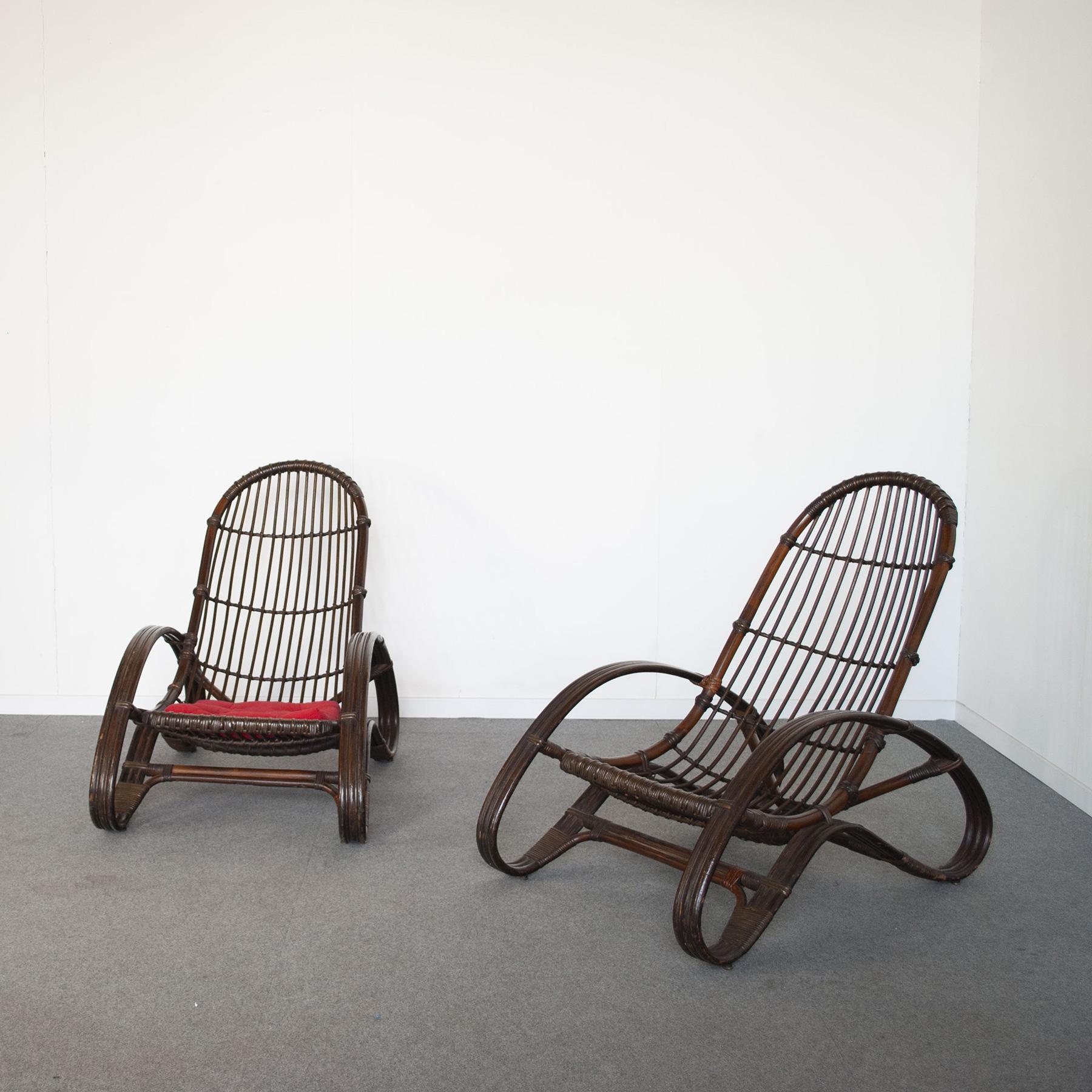 Pair of guinea cane wicker relaxation armchairs, Italian production 1960s.