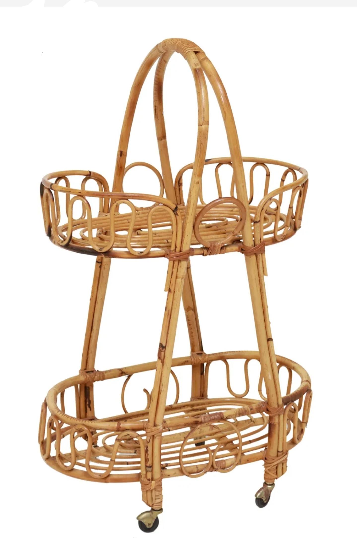Italienischer Barwagen/Servierwagen aus Bambus und Rattan aus der Mitte des Jahrhunderts (Moderne der Mitte des Jahrhunderts) im Angebot