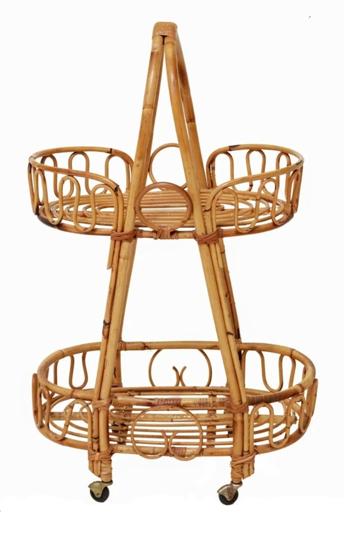 Italienischer Barwagen/Servierwagen aus Bambus und Rattan aus der Mitte des Jahrhunderts (Handgefertigt) im Angebot