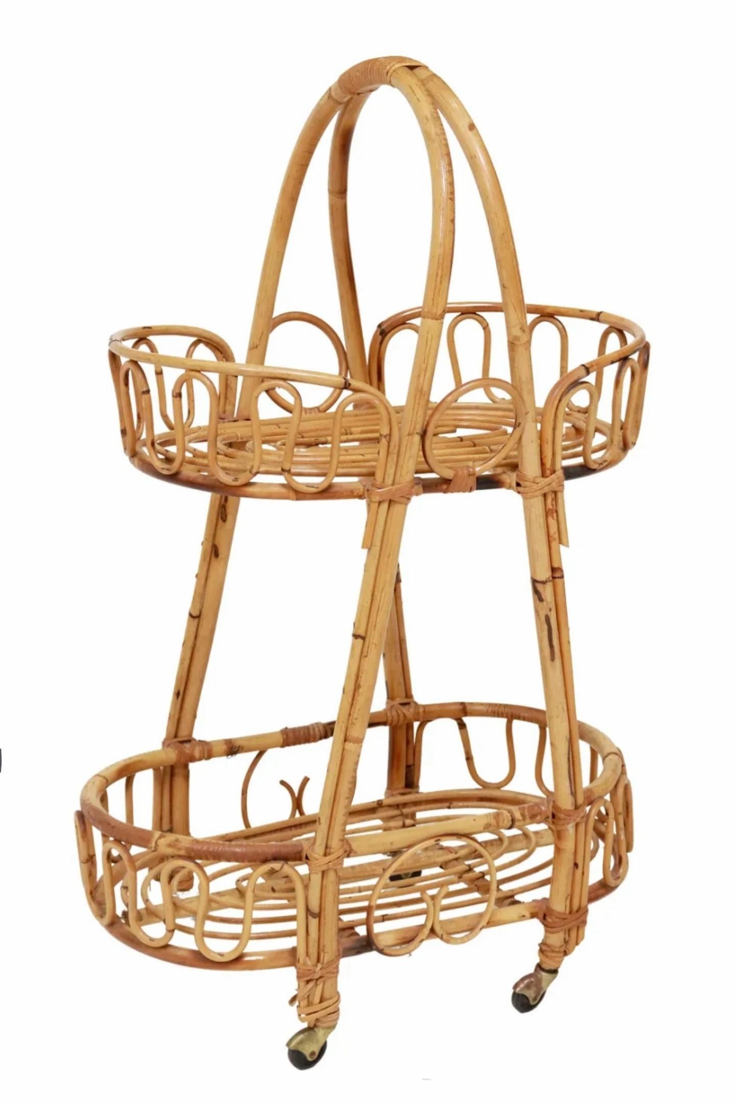 Italienischer Barwagen/Servierwagen aus Bambus und Rattan aus der Mitte des Jahrhunderts im Angebot 2