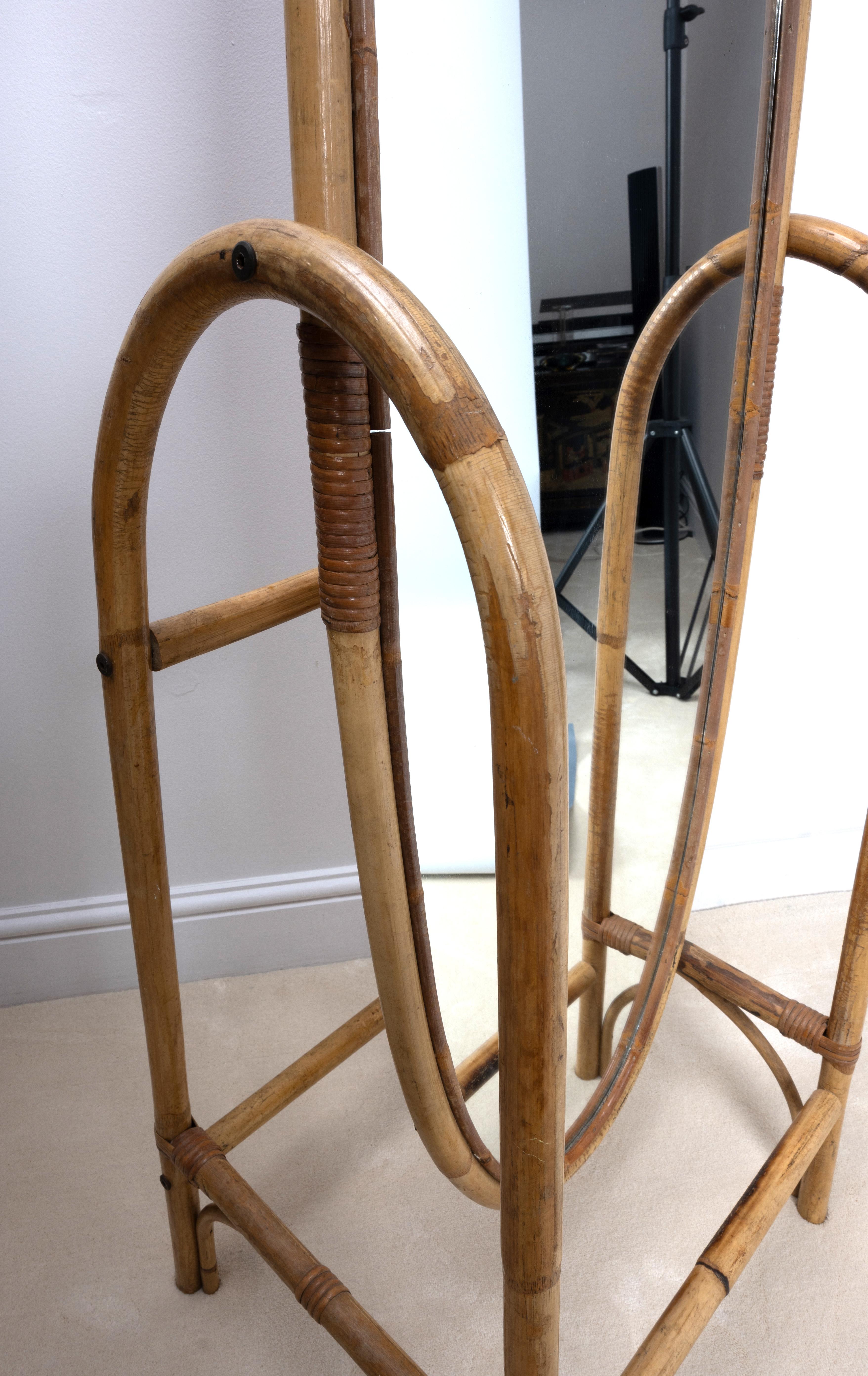 Mid Century Italian Bamboo Rattan Freestanding Floor Full Length Mirror  For Sale 5