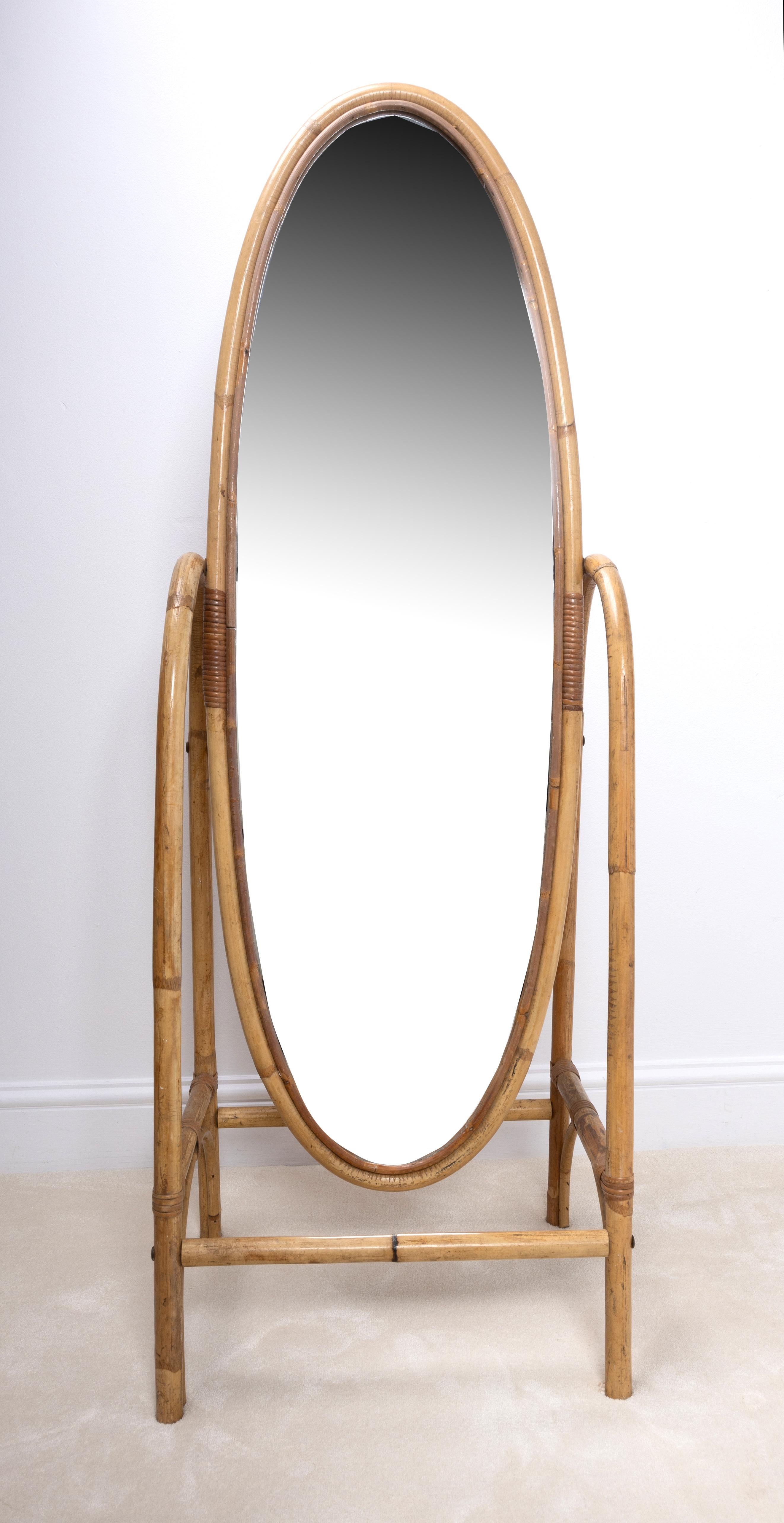 Mid-Century Modern Mid Century Italian Bamboo Rattan Freestanding Floor Full Length Mirror
