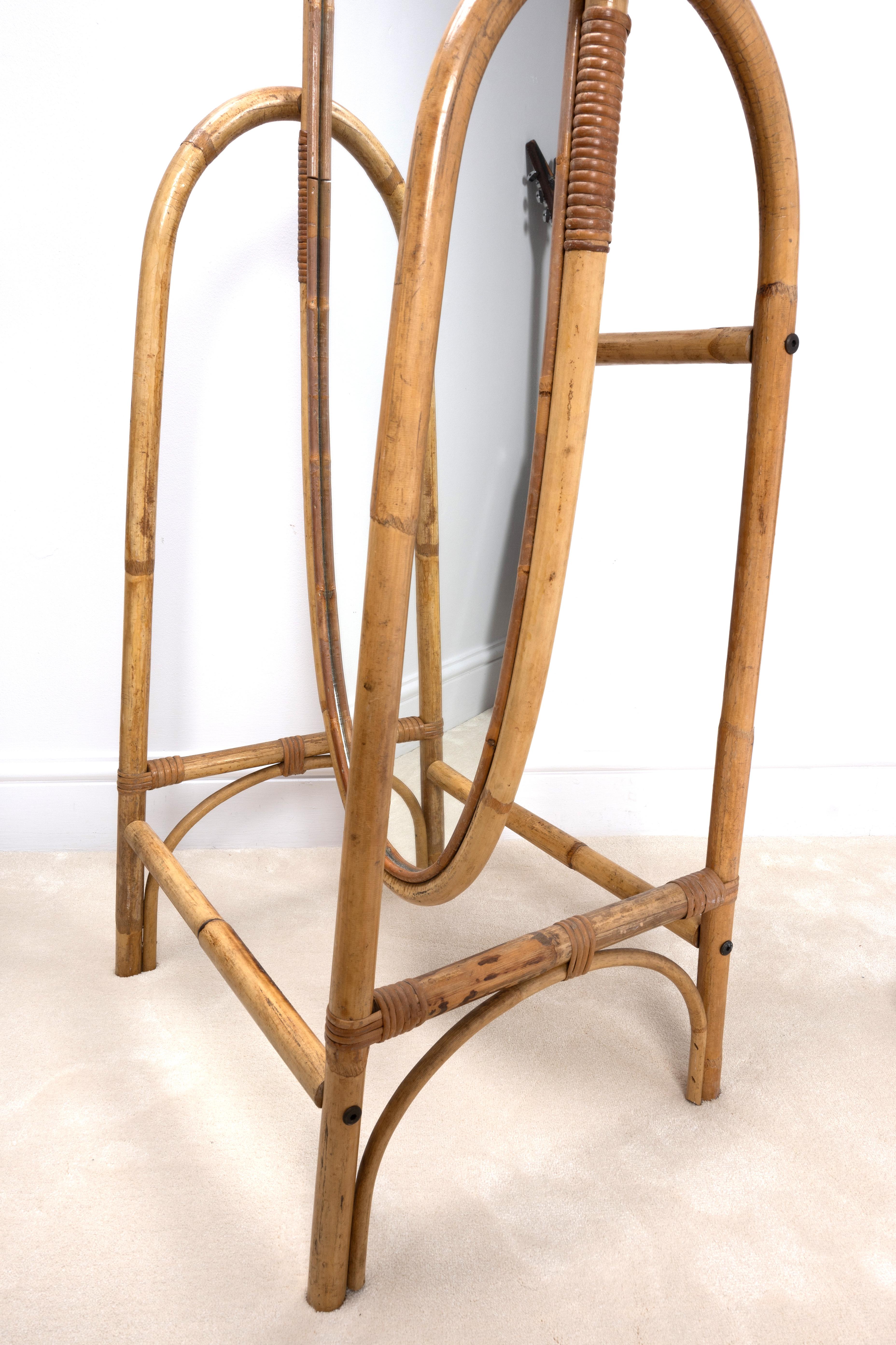 Mid Century Italian Bamboo Rattan Freestanding Floor Full Length Mirror In Good Condition In London, GB