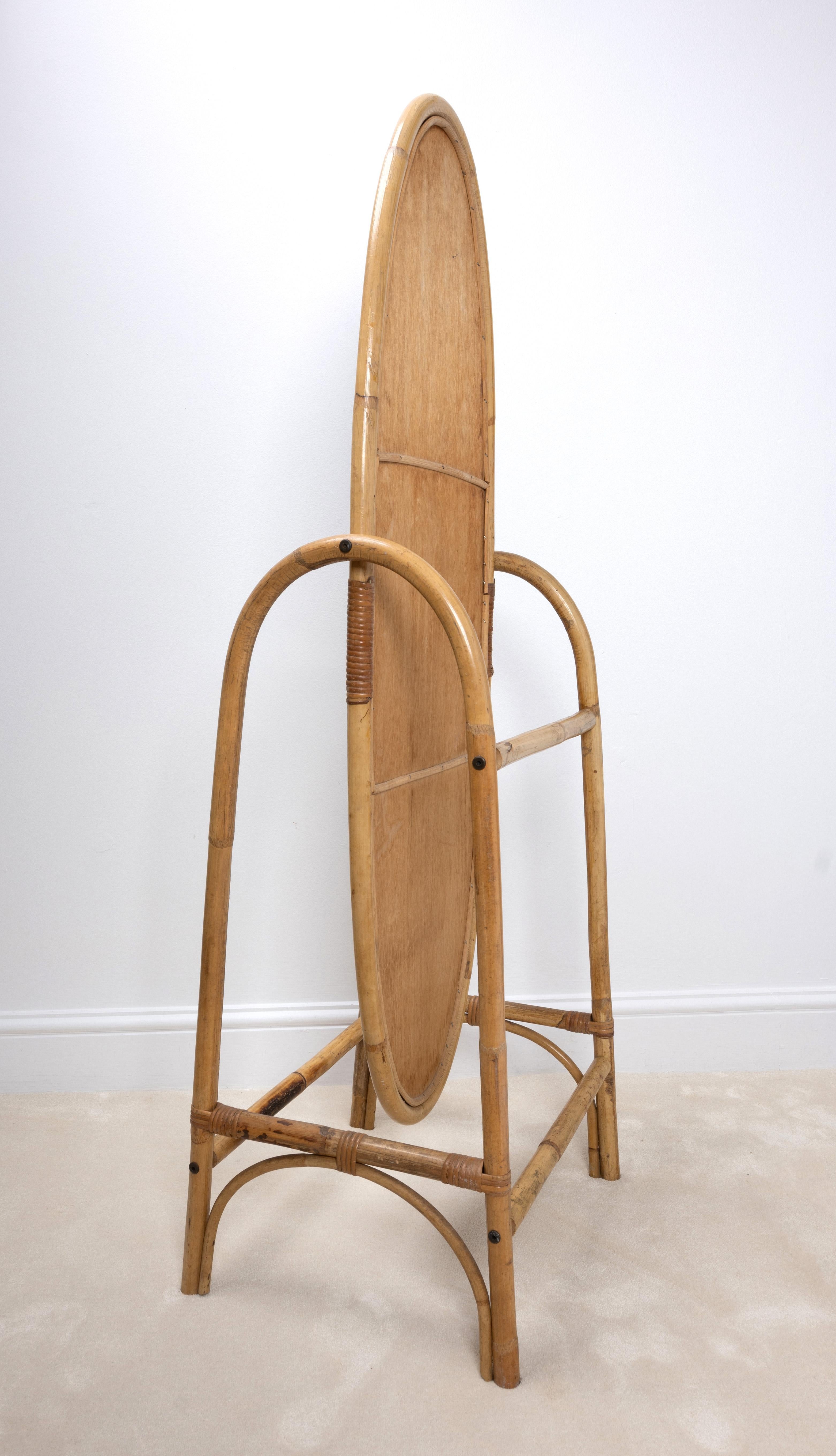 20th Century Mid Century Italian Bamboo Rattan Freestanding Floor Full Length Mirror