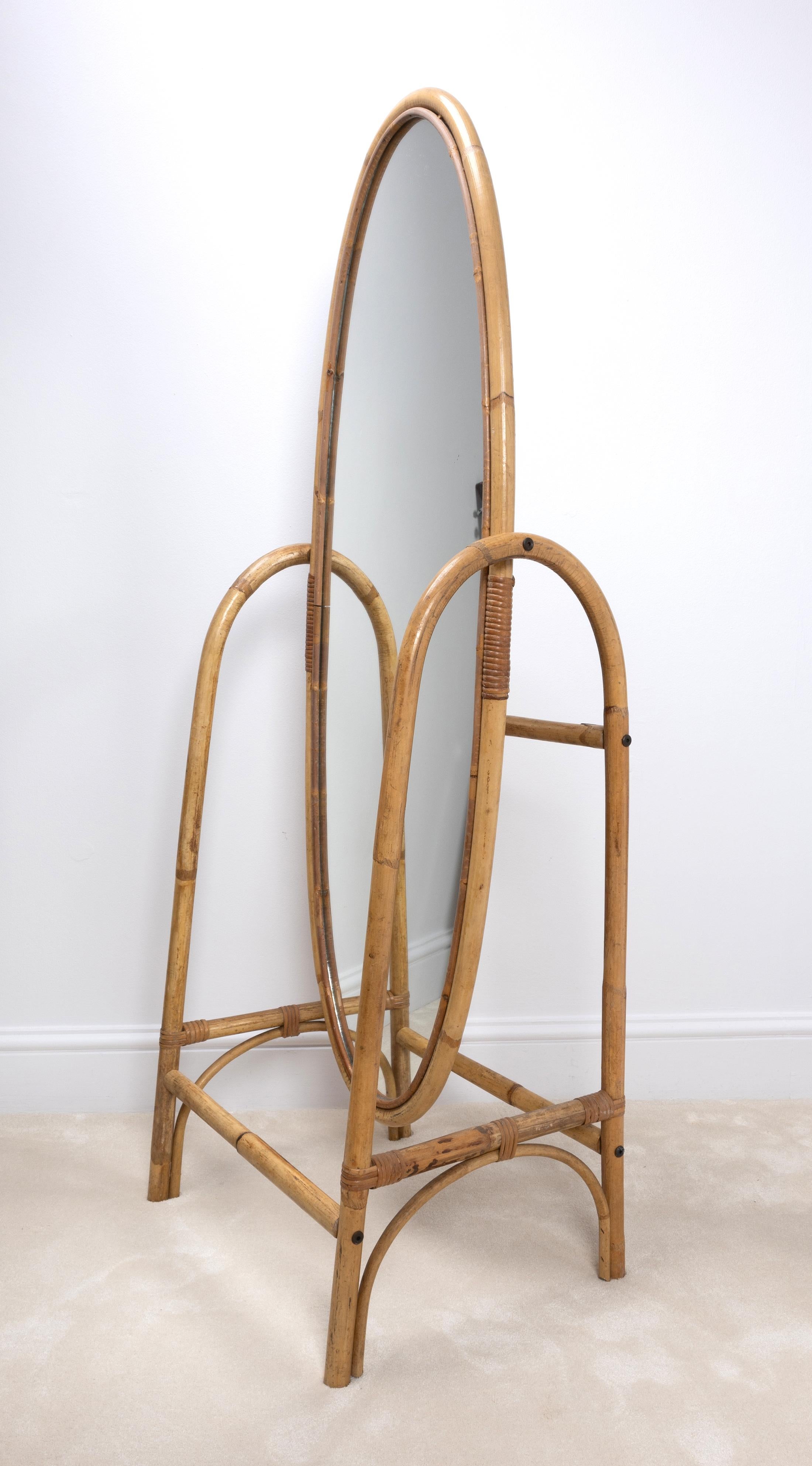 Mid Century Italian Bamboo Rattan Freestanding Floor Full Length Mirror 1