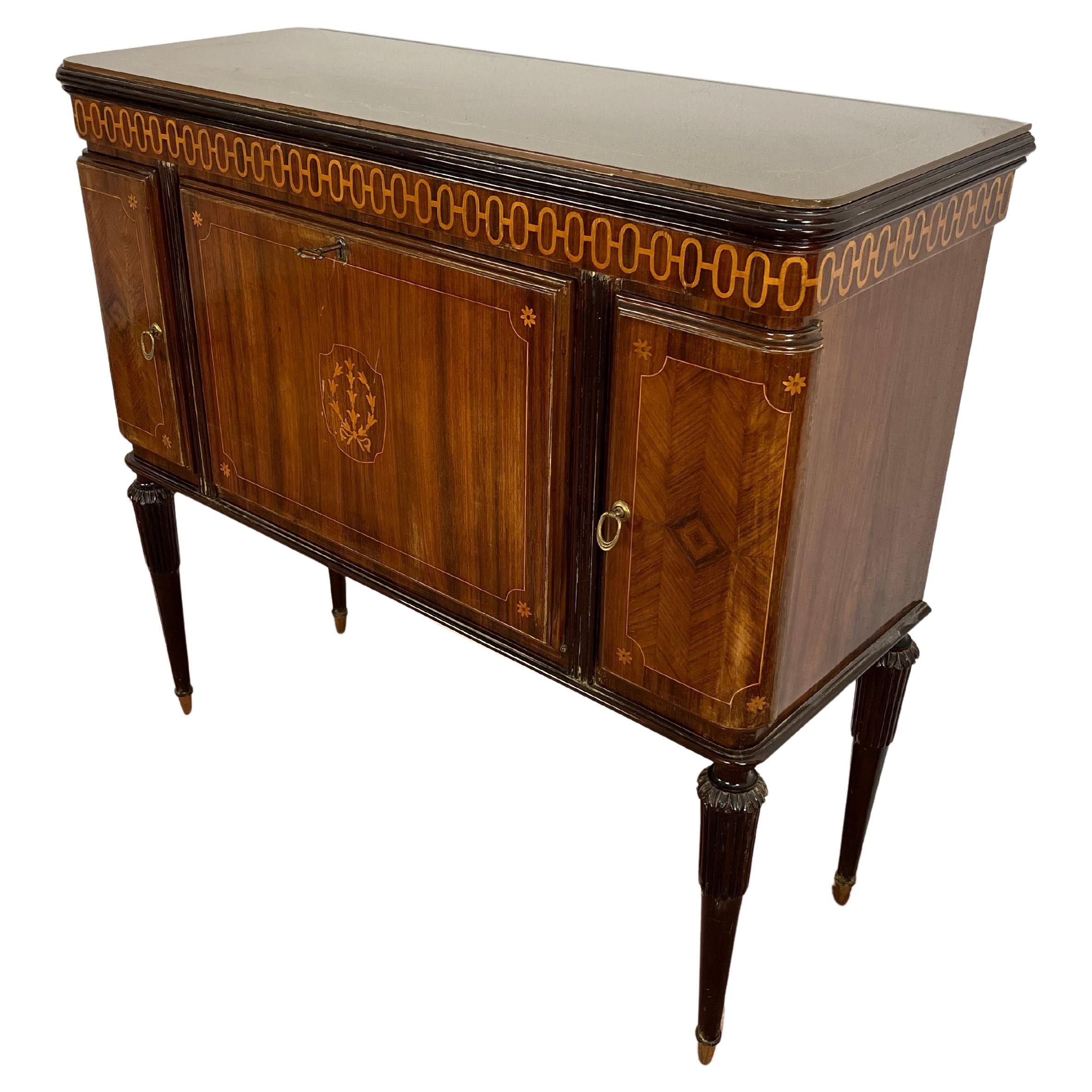 Mid-Century Italian Bar Cabinet, Glass Top And Brass Feet, 1950s For Sale
