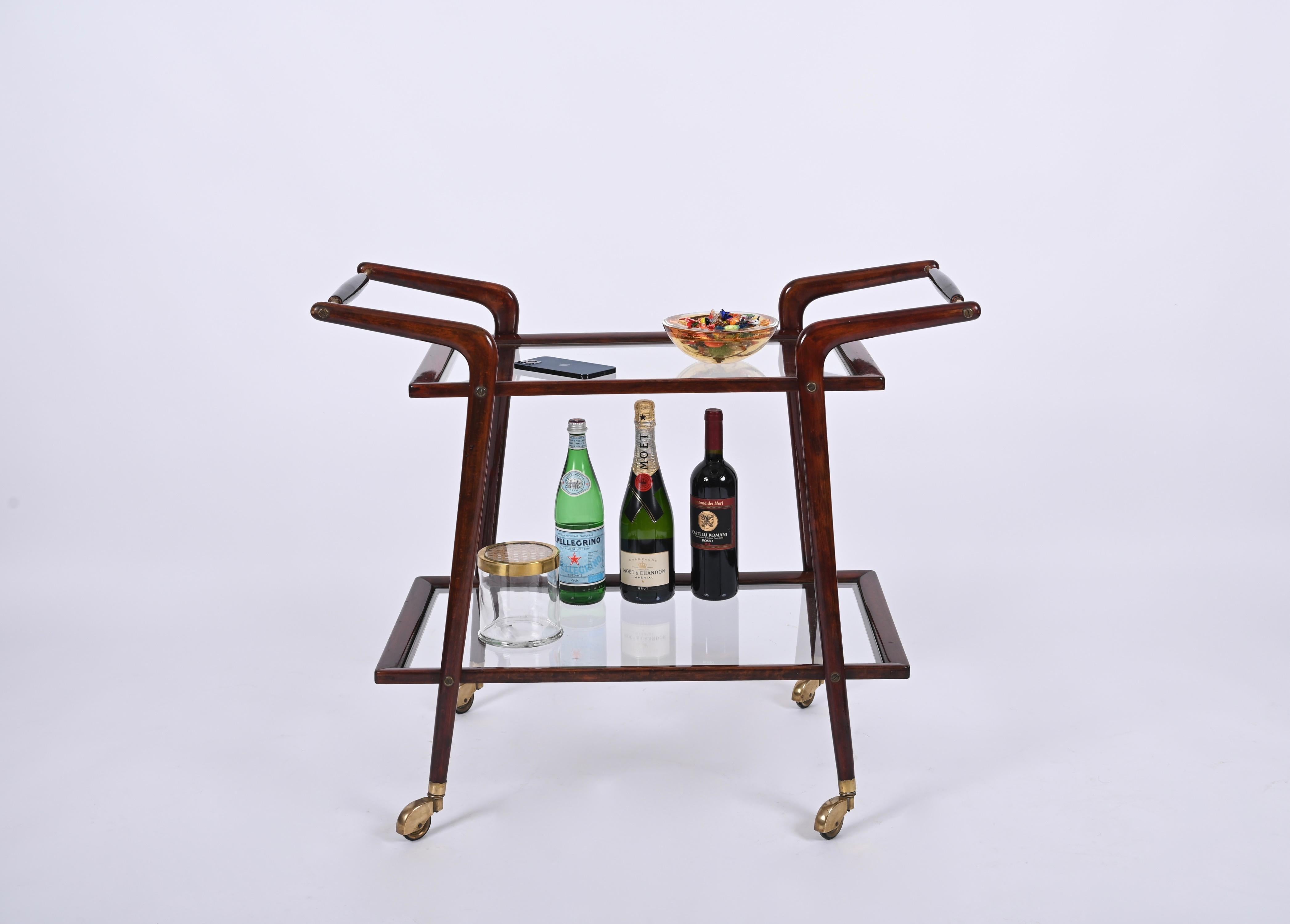 Mid-Century Italian Bar Cart by Cesare Lacca, Brass and Wood Serving Trolley 5