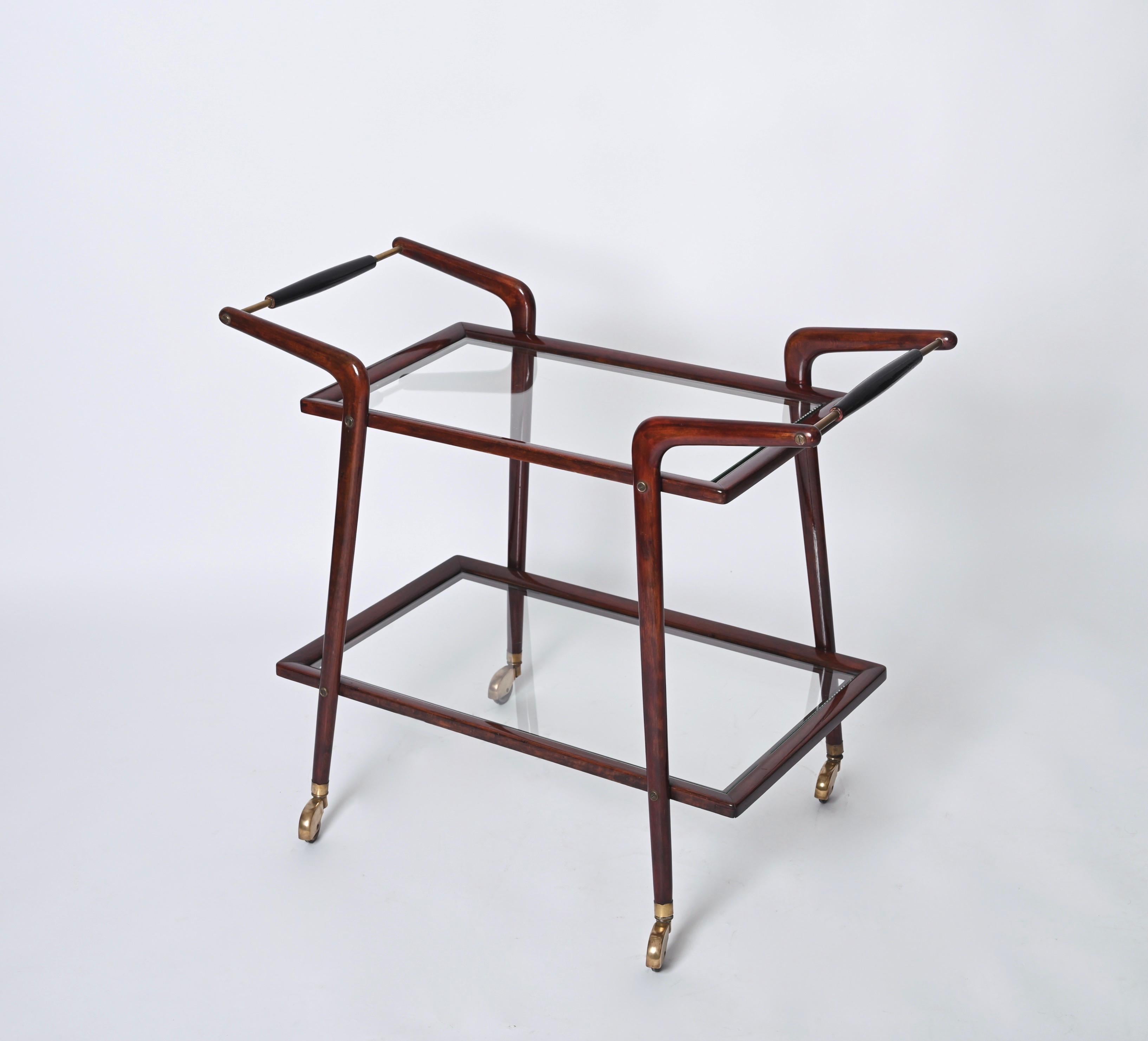 Mid-Century Italian Bar Cart by Cesare Lacca, Brass and Wood Serving Trolley 8