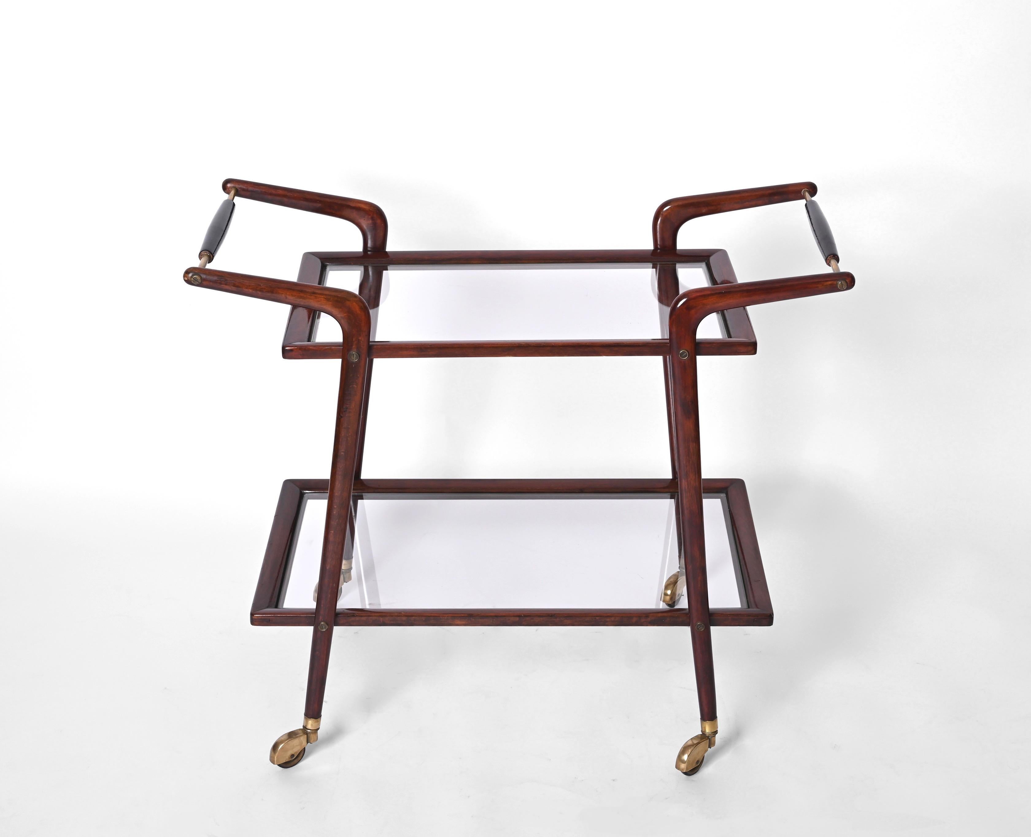 Mid-Century Italian Bar Cart by Cesare Lacca, Brass and Wood Serving Trolley 9