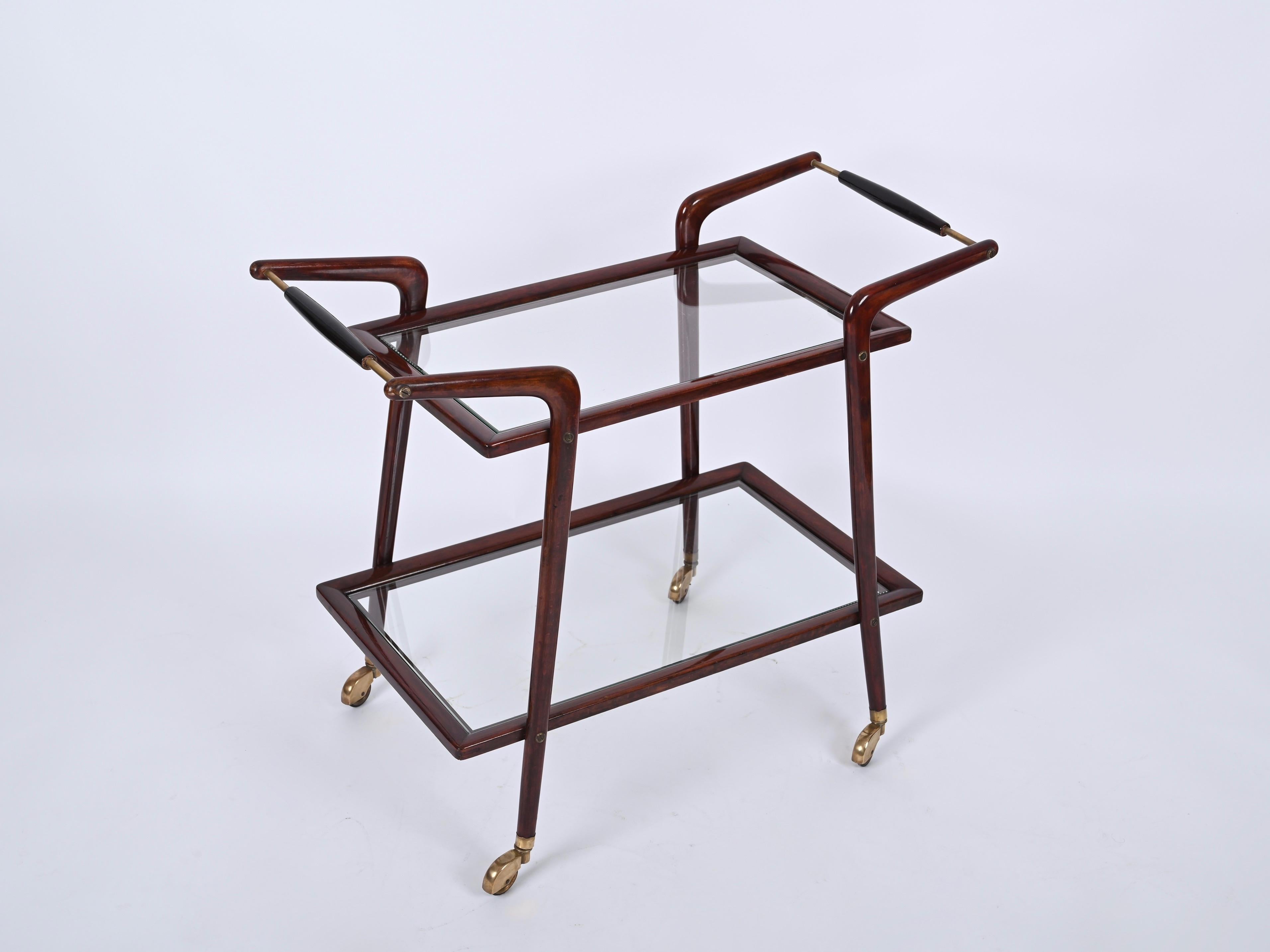 Mid-Century Modern Mid-Century Italian Bar Cart by Cesare Lacca, Brass and Wood Serving Trolley