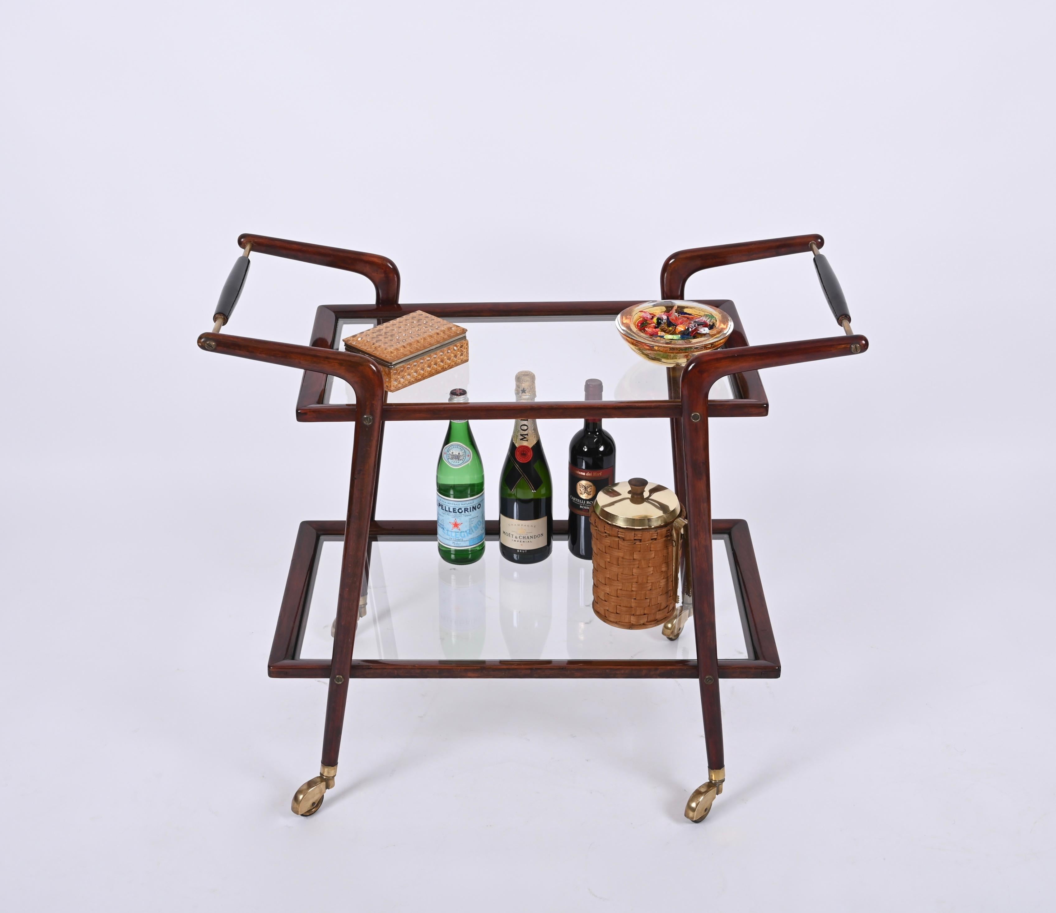 Mid-Century Italian Bar Cart by Cesare Lacca, Brass and Wood Serving Trolley In Good Condition In Roma, IT