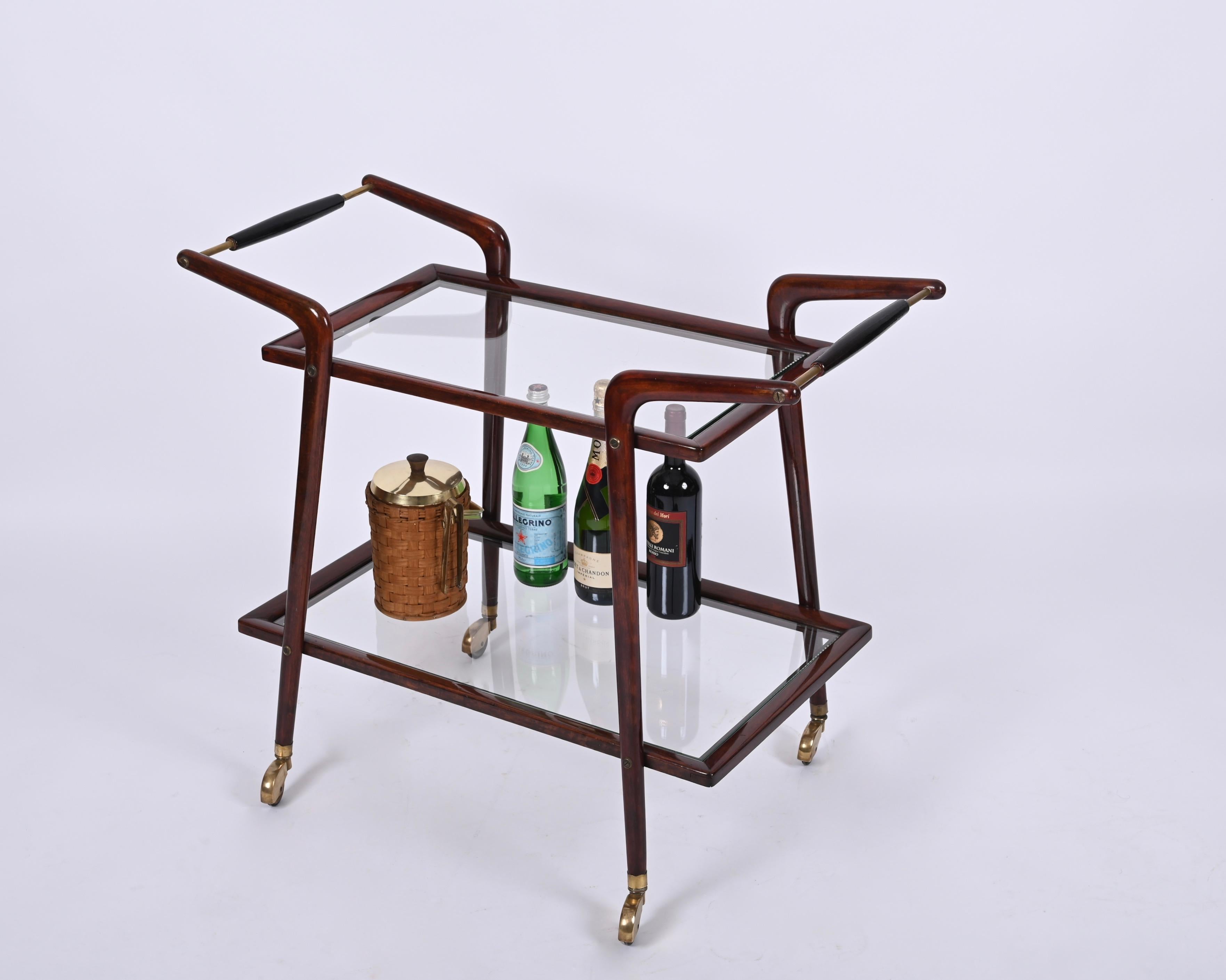 Mid-20th Century Mid-Century Italian Bar Cart by Cesare Lacca, Brass and Wood Serving Trolley